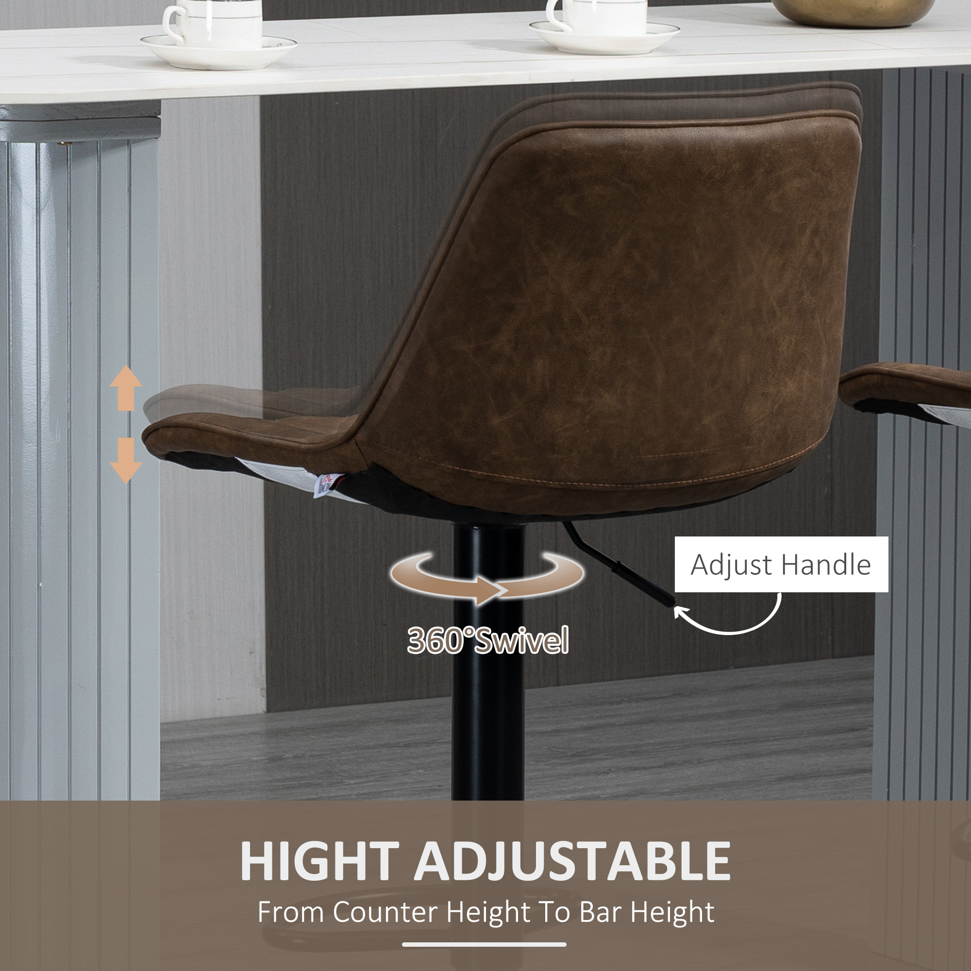 Bar Stools Set of 2, Swivel Counter Height Barstools with Back, Footrest, Adjustable Height, Dark Brown - Image 3