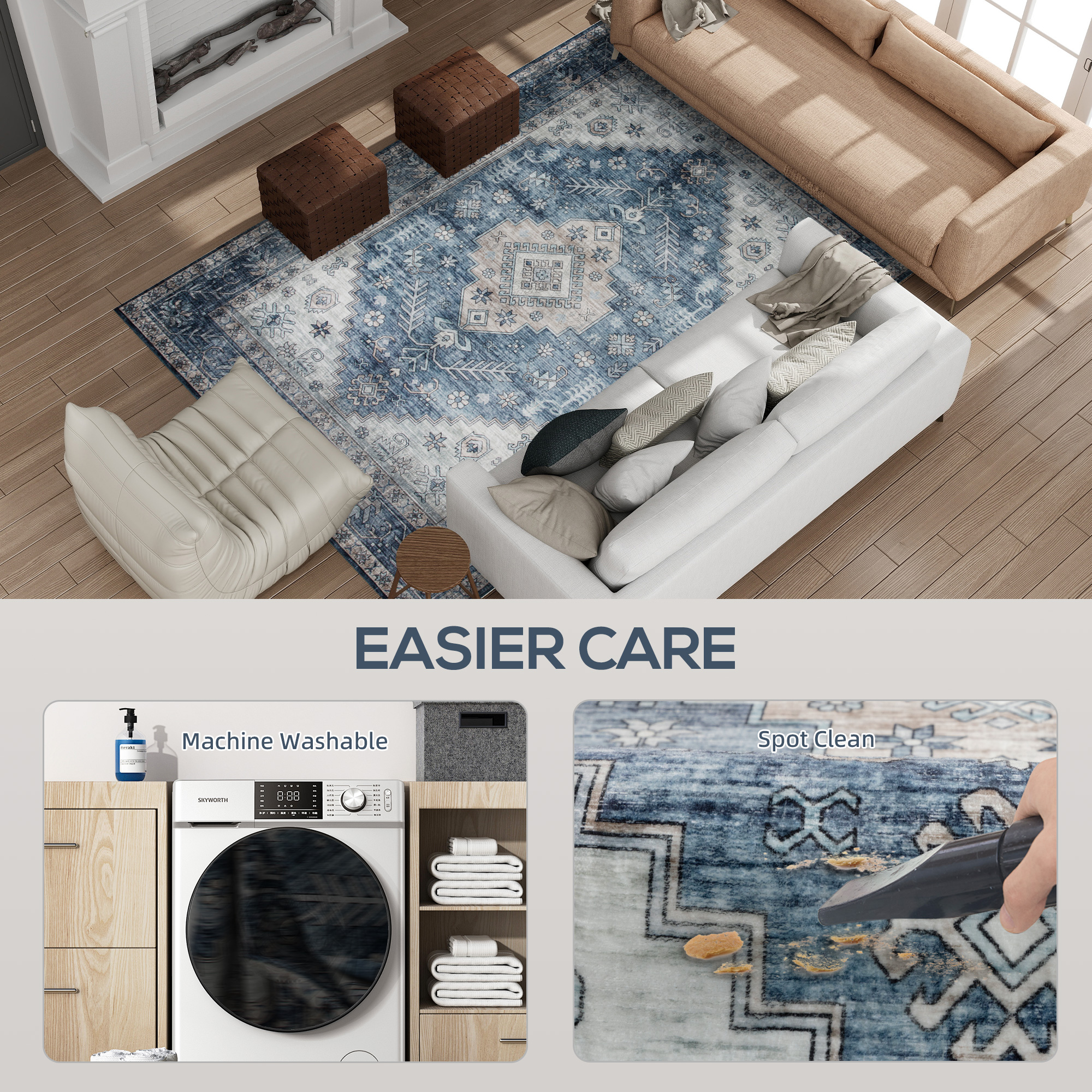 5x7 Area Rug, Vintage Machine Washable Rug, Non-Slip Floor Carpet for Living Room, Bedroom, Dining Room, Blue - Image 3