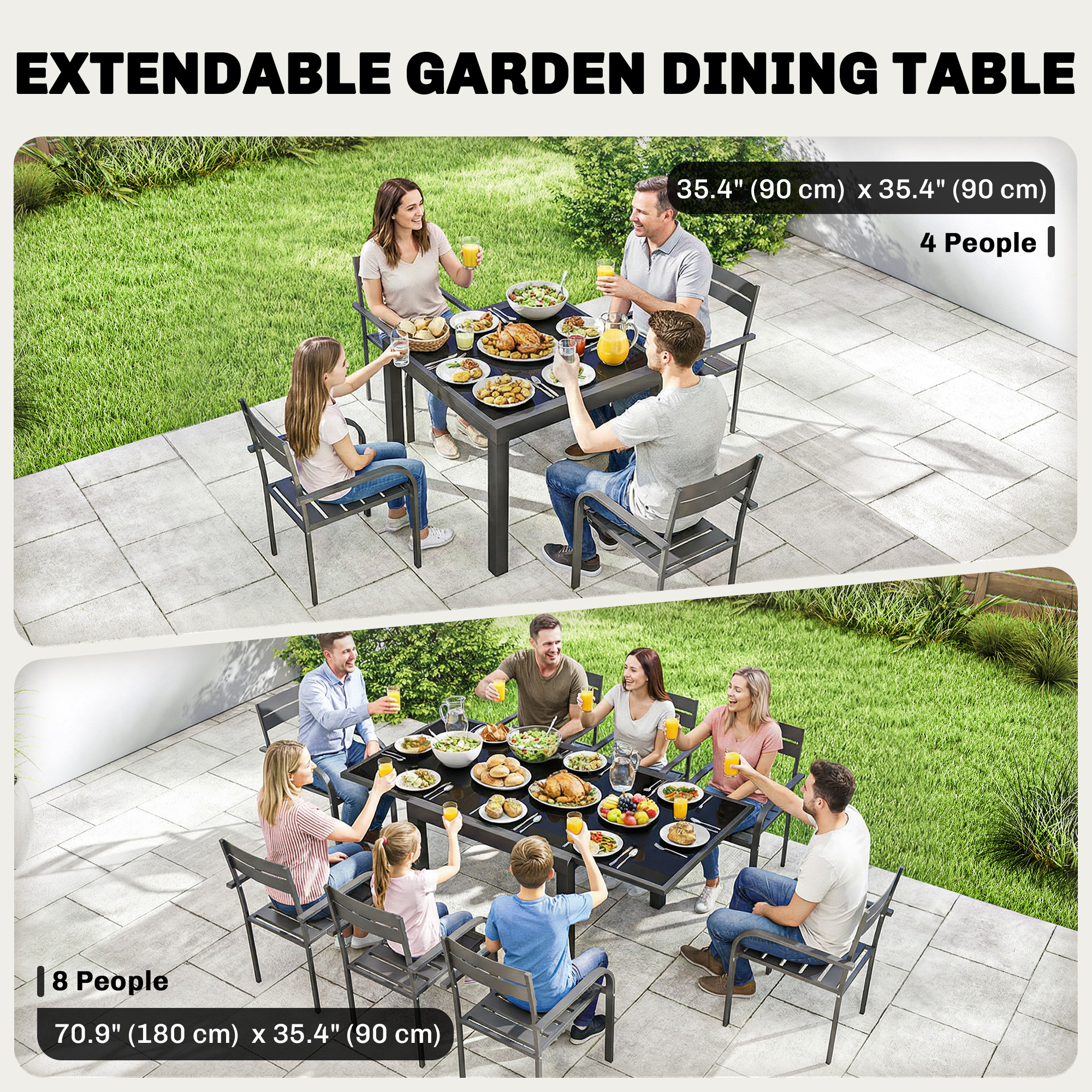 Aluminum Expandable Outdoor Dining Table with Tempered Glass Tabletop and Aluminum Frame, for Garden, Backyard, Black - Image 2