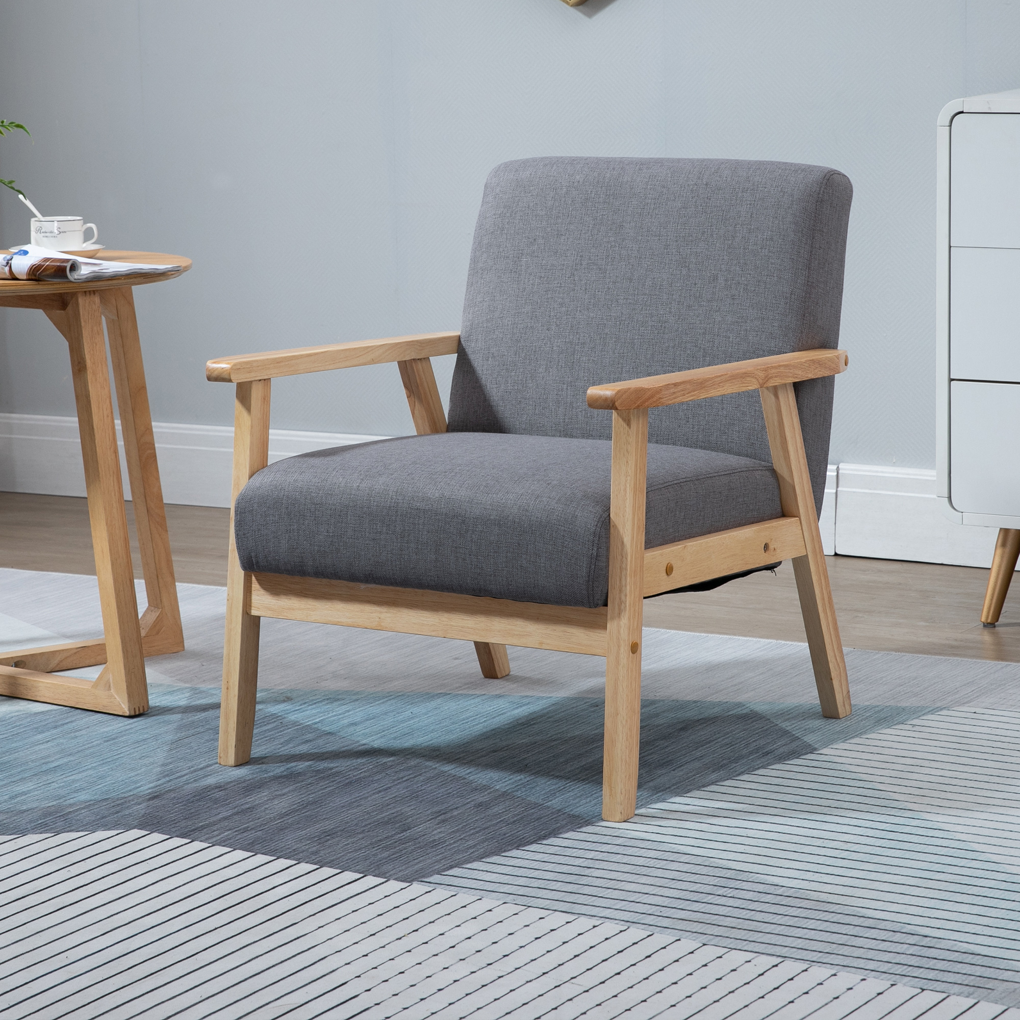 Minimalistic Accent Chairs Wood Frame w/ Thick Linen Cushions Wide Seat Armchair for Bedroom Office, Grey - Image 6