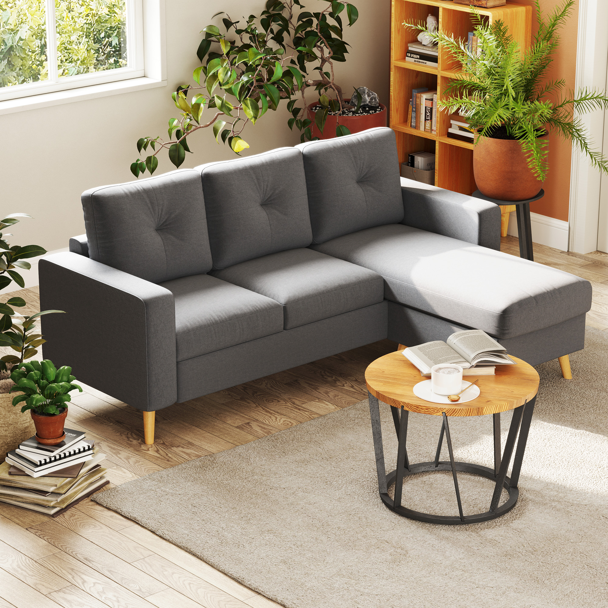 Sectional Sofa Couch, L Shaped Couch with Reversible Chaise, Wooden Legs for Living Room, Bedroom, Dark Grey - Image 5