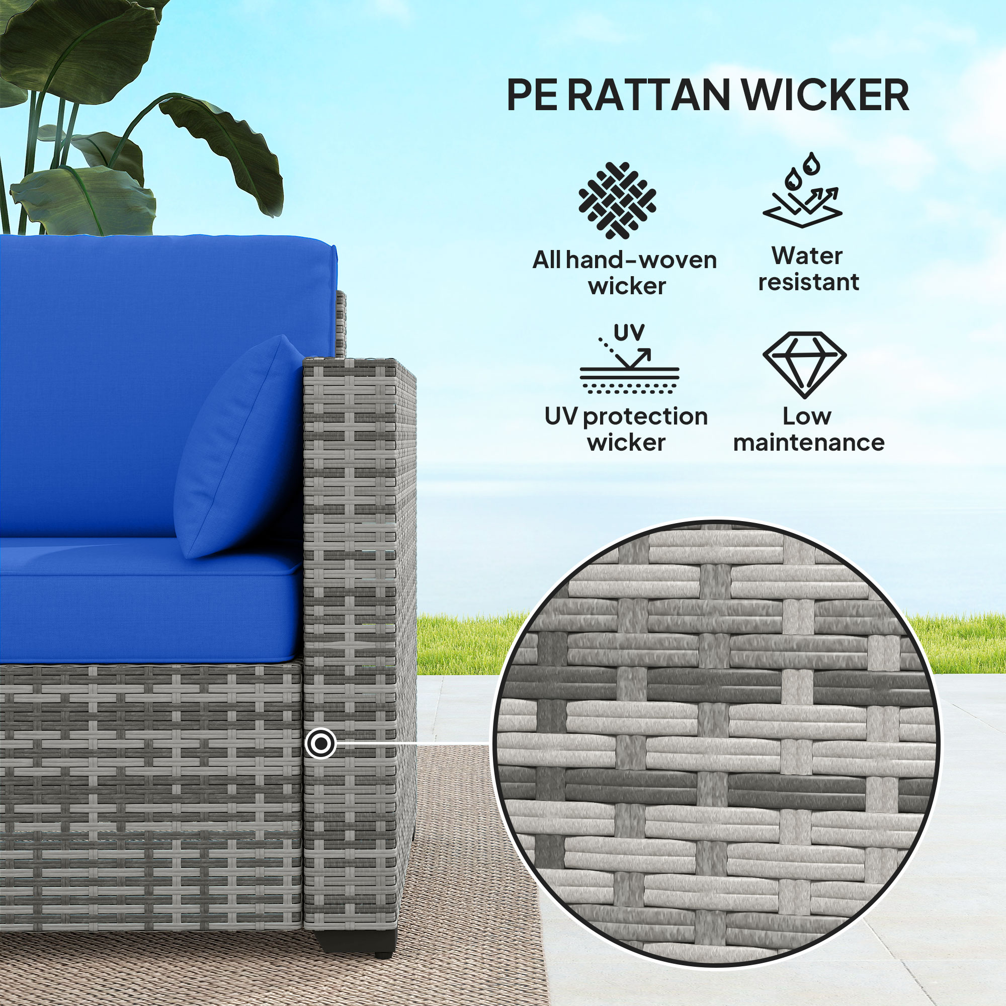 3-Seater Outdoor Sofa with Cushions, PE Rattan Conversation Patio Couch with Pillows for Garden, Poolside, Blue - Image 2