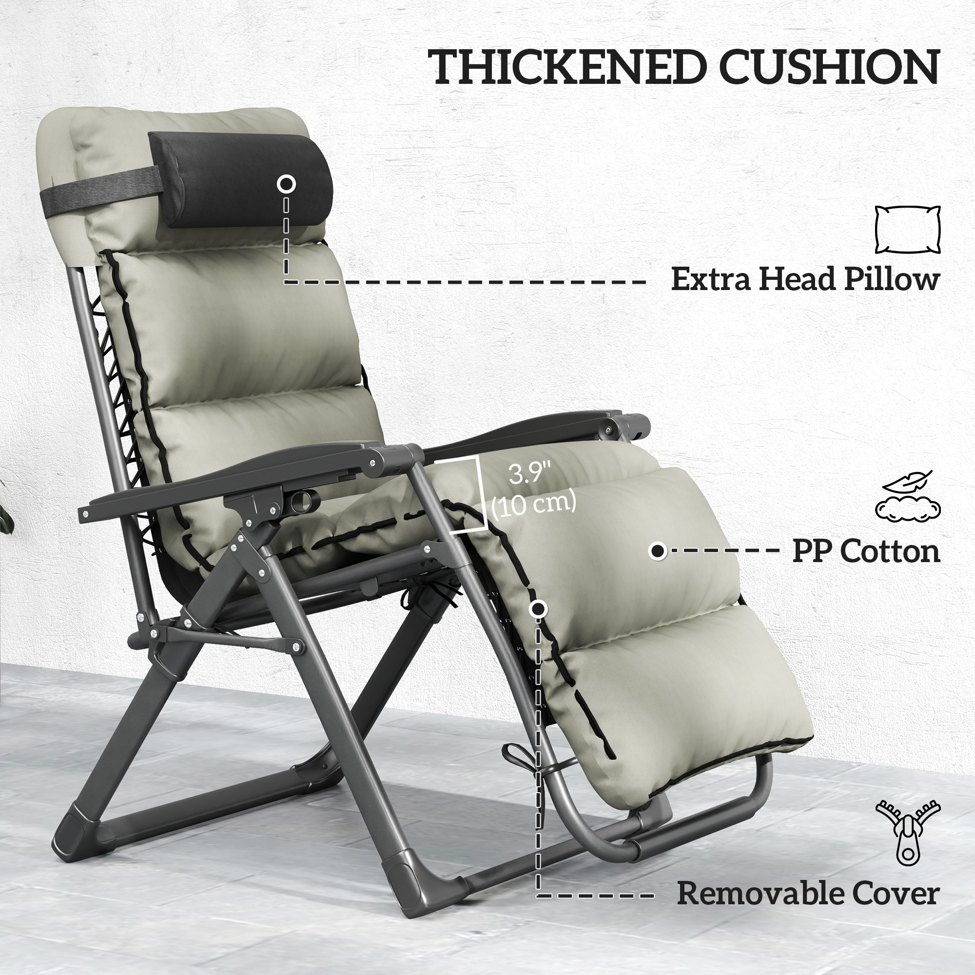 2pcs Reclining Zero Gravity Chair with Adjustable Backrest, Folding Garden Sun Lounger with Removable Cushion, Grey - Image 4
