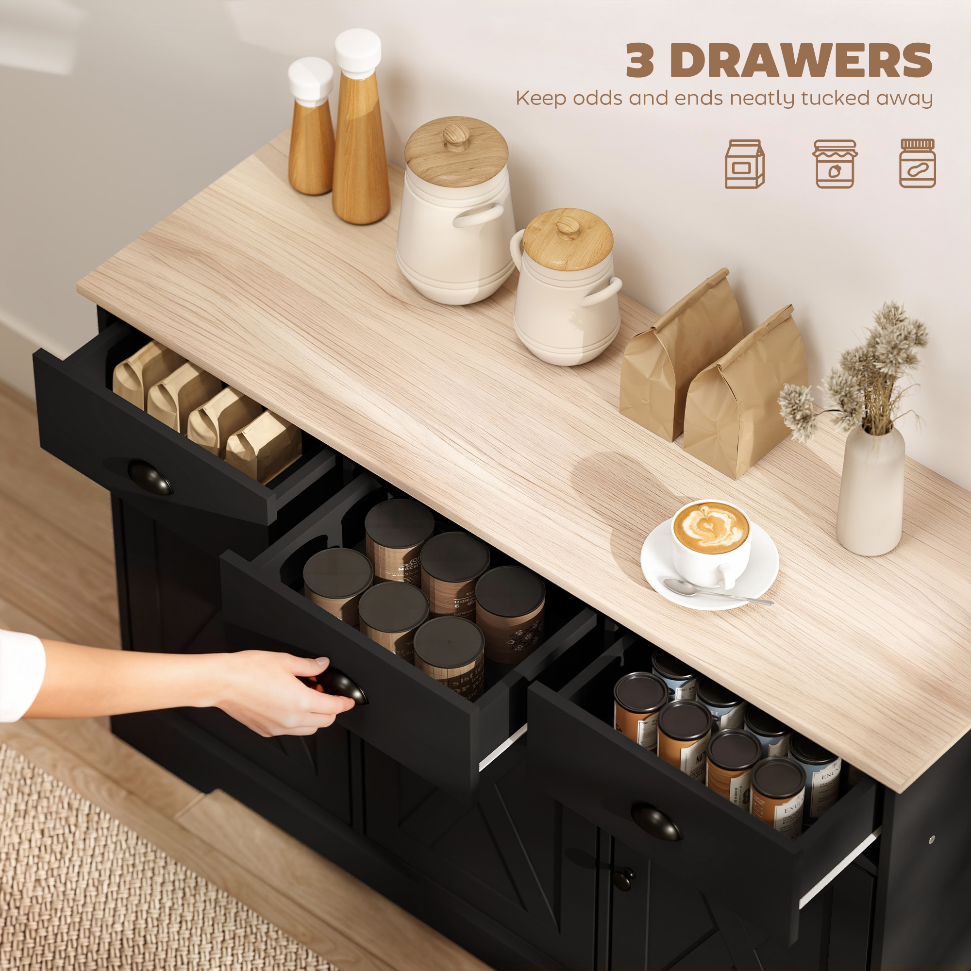 46.5" Buffet Cabinet, Farmhouse Sideboard with 3 Barn Doors and 3 Drawers for Living Room, Kitchen, Black - Image 2