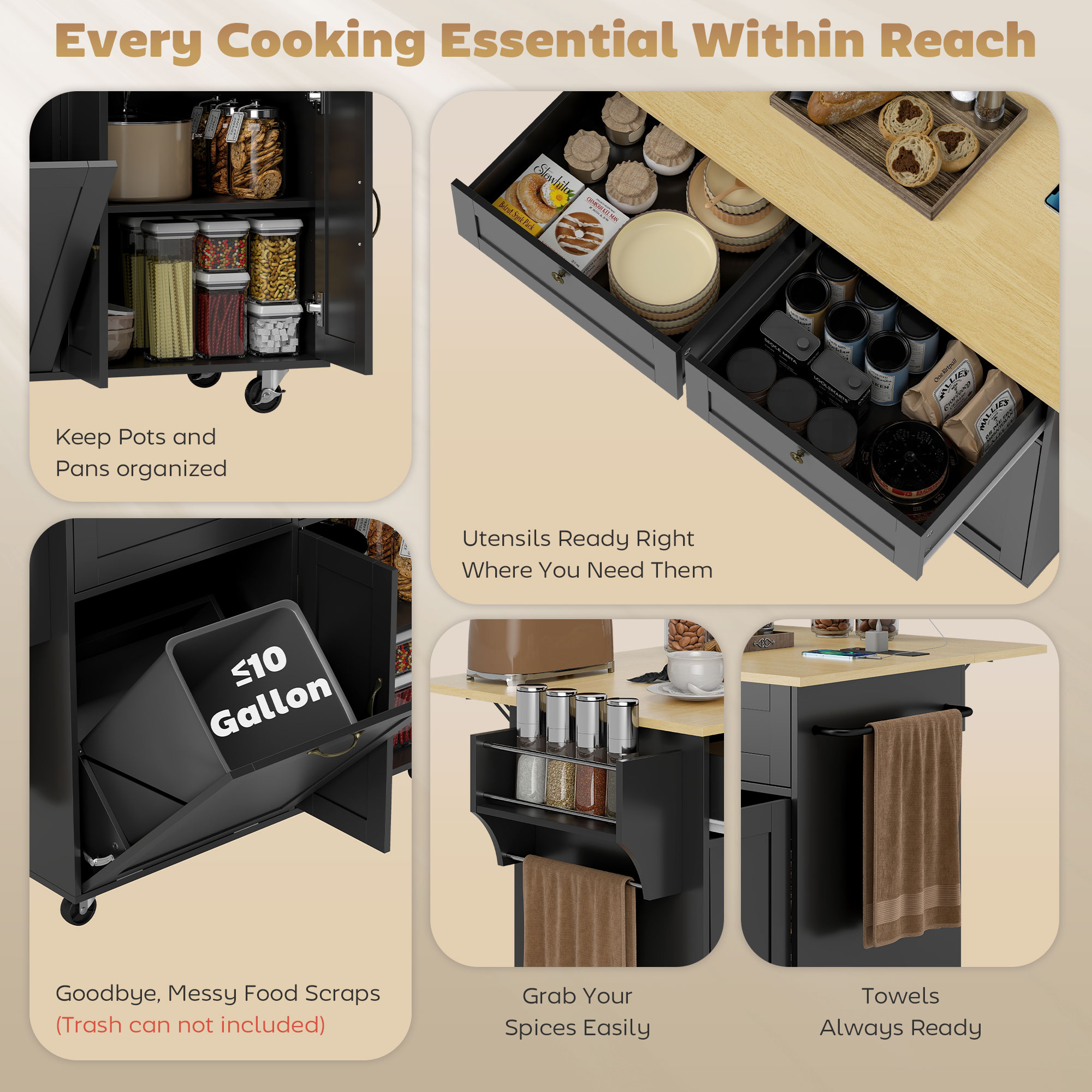 Kitchen Island Cart with Charging Station and Drop Leaf, Kitchen Island Table on Wheels with Trash Can Cabinet, Black - Image 3