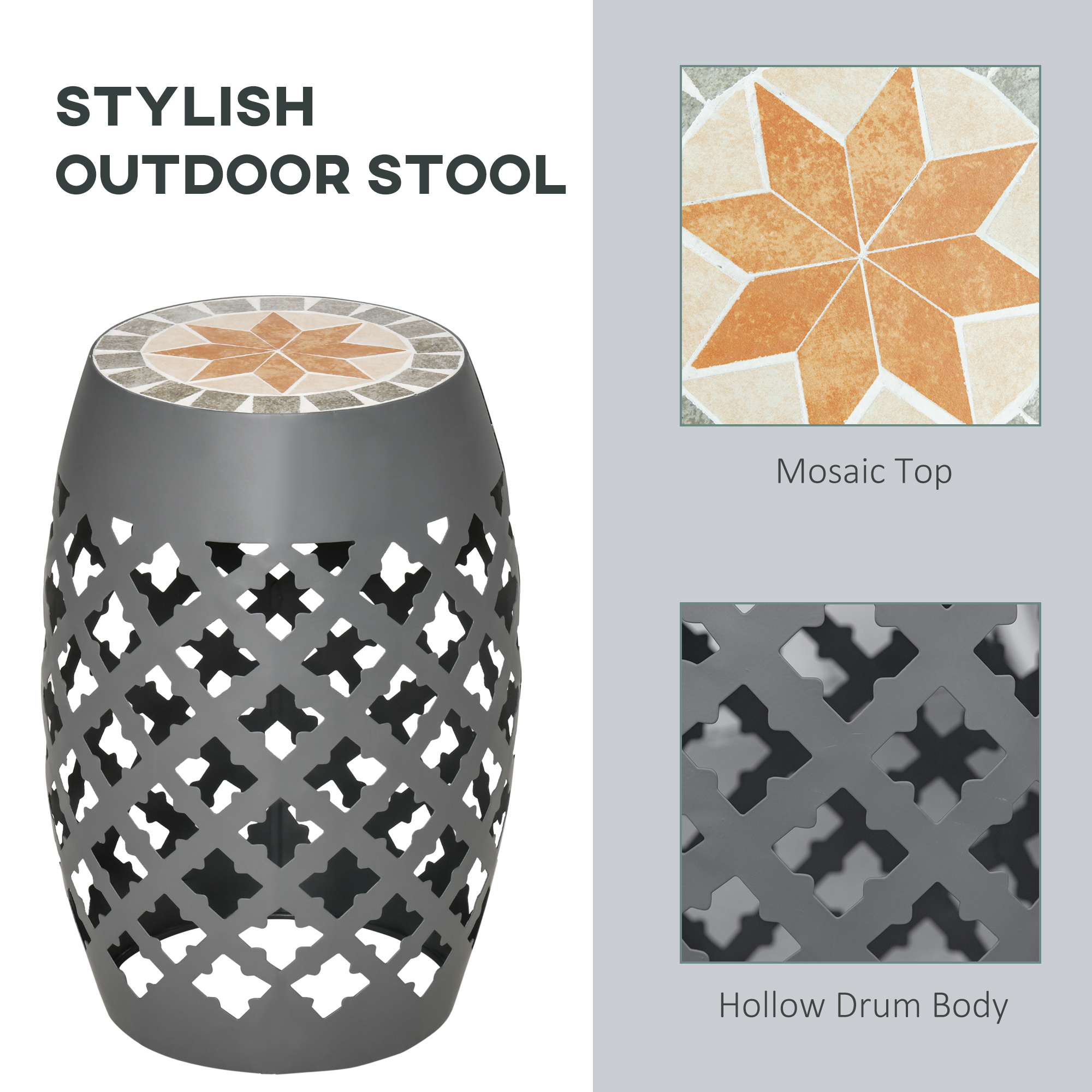 Ceramic Decorative Garden Stool, 12" Drum Outdoor Stool Side Table Plant Stand for Outdoor Indoor, Grey - Image 2