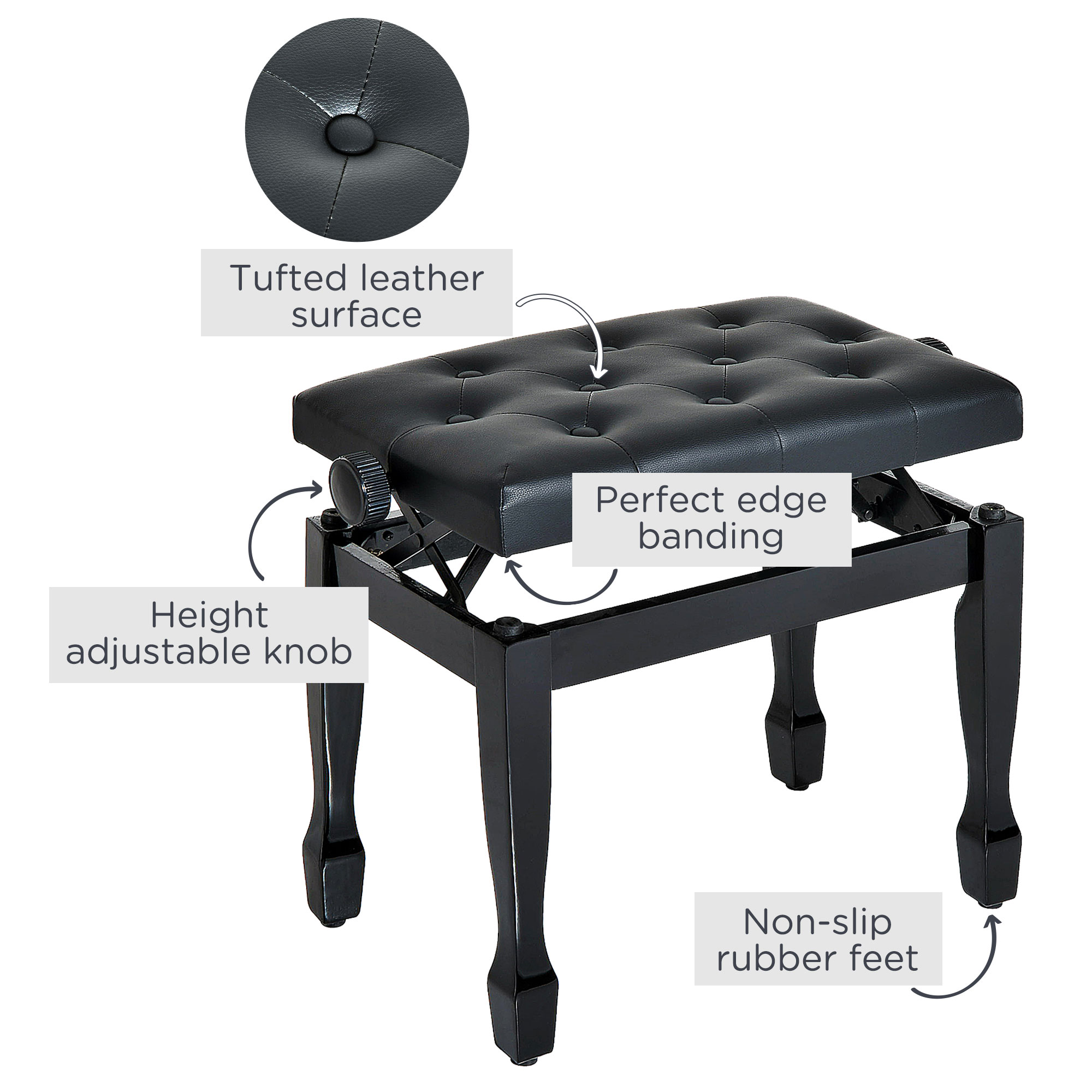 25" Adjustable Height Piano Bench with Padded Cushion, Keyboard Seat with Solid Wood Legs, Black - Image 3
