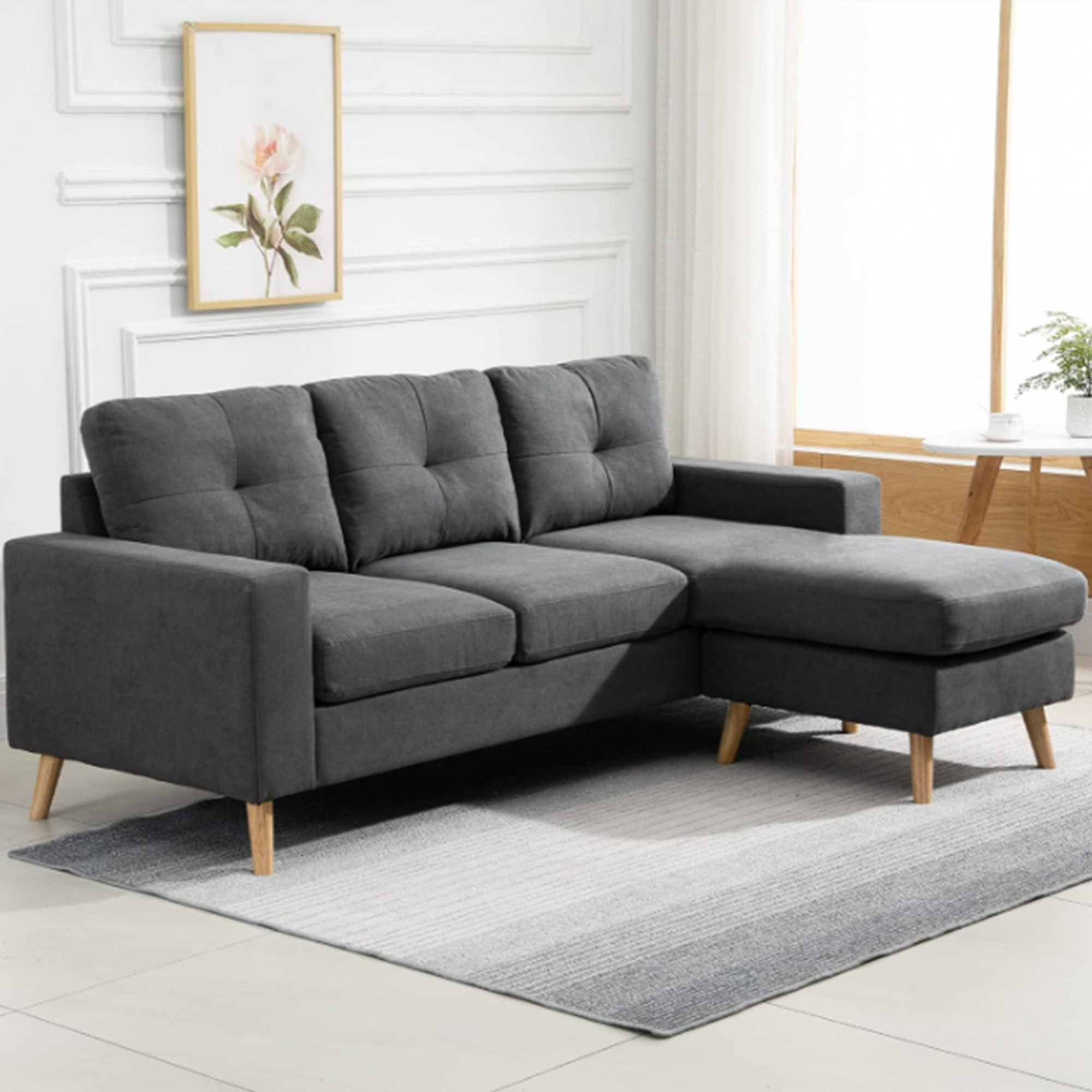 Sectional Sofa Couch, L Shaped Couch with Reversible Chaise, Wooden Legs for Living Room, Bedroom, Dark Grey - Image 6
