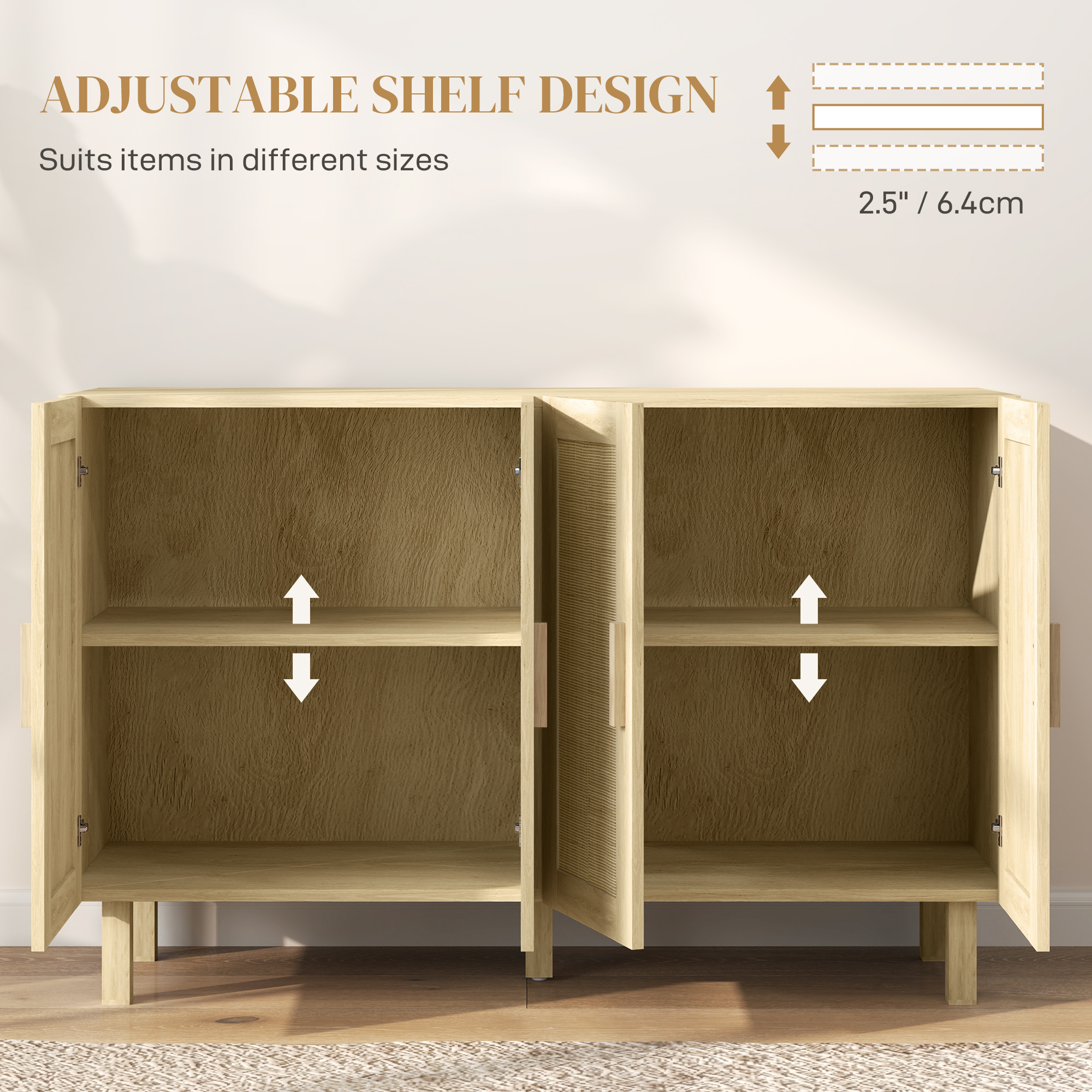 Boho Sideboard Buffet Cabinet, Storage Cabinet with 4 Rattan Doors and Adjustable Shelves, Natural - Image 3