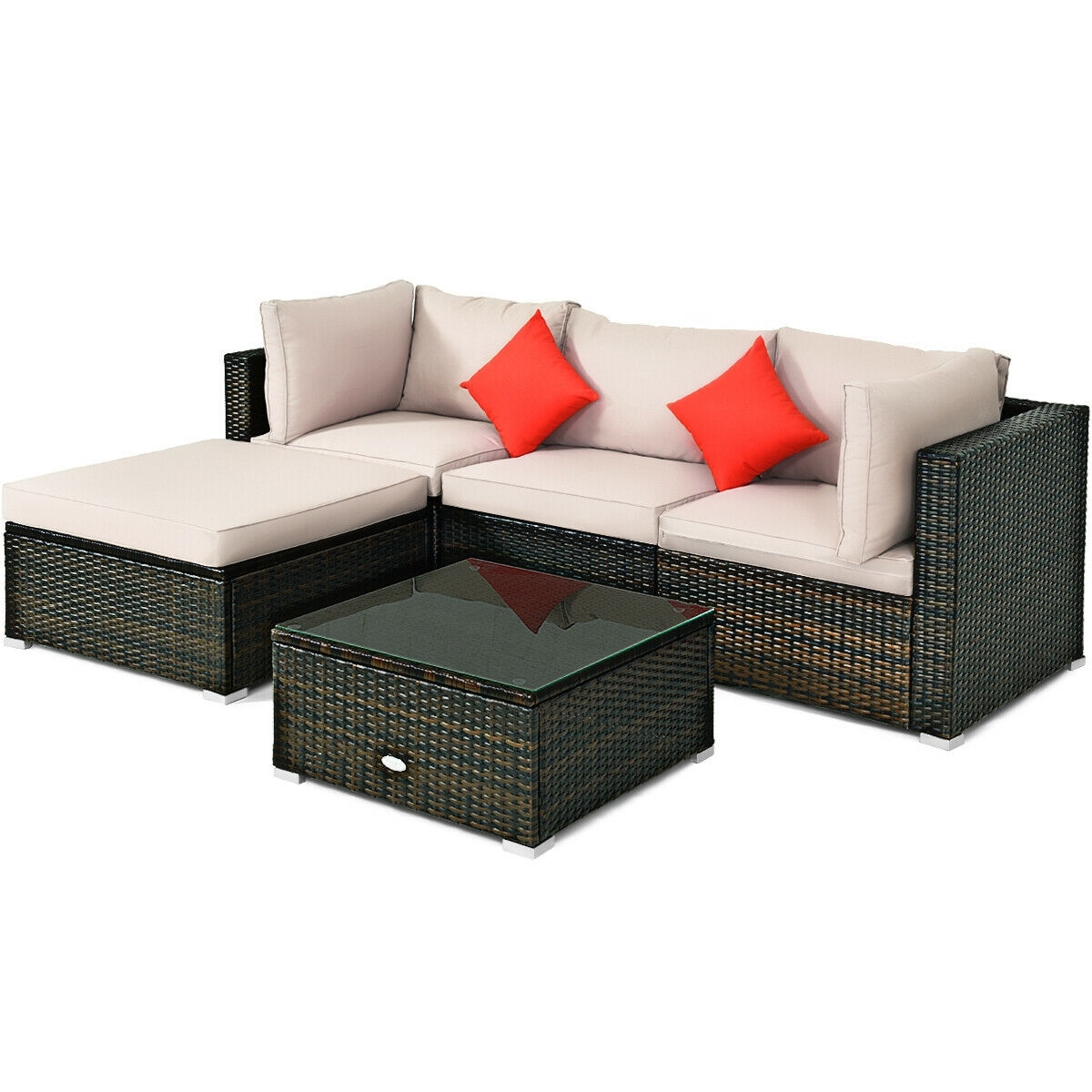 5 Pieces Outdoor Patio Rattan Furniture Set Sectional Conversation with Cushions-Beige - Image 2