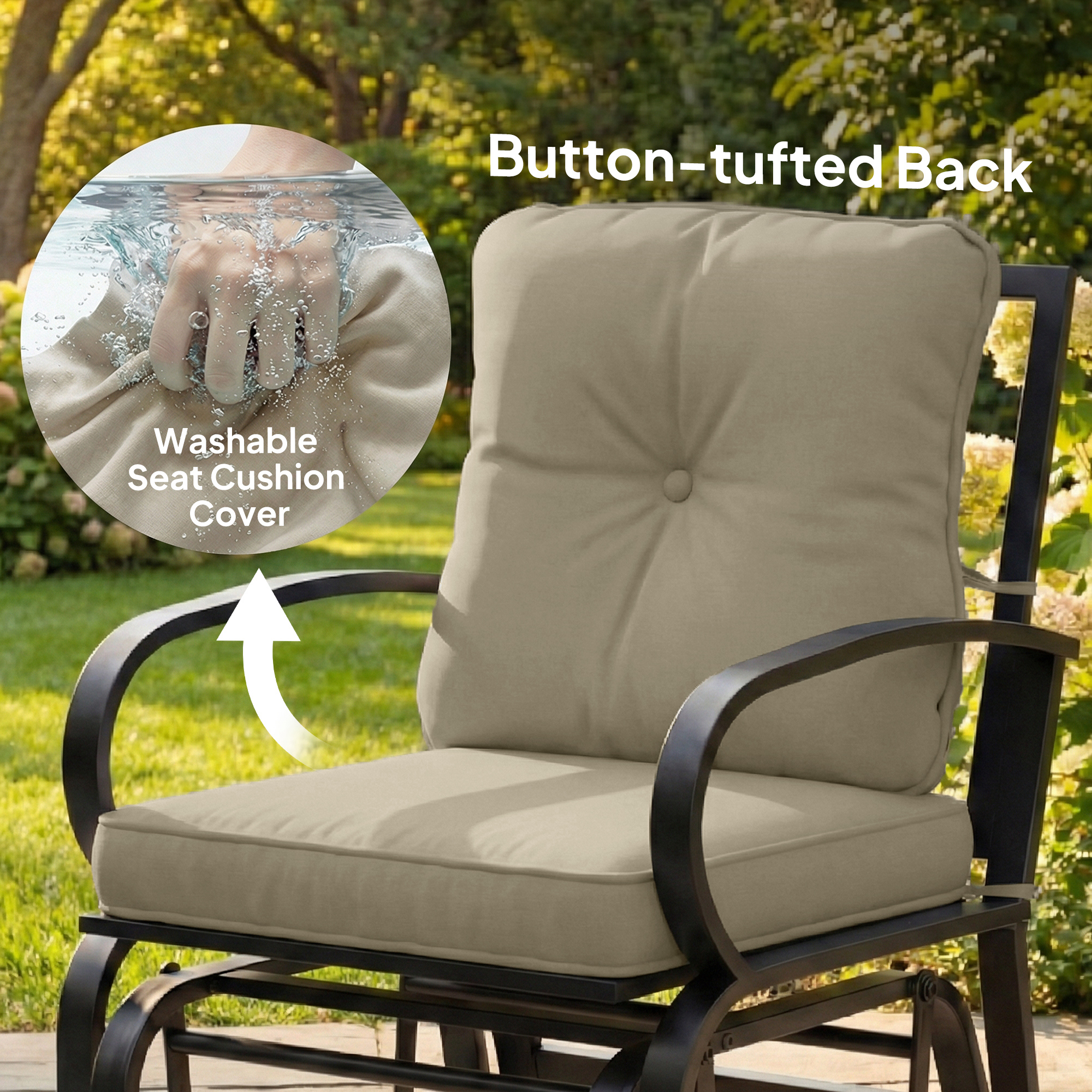 Patio Glider, Outdoor Glider Chair with Cushions, Steel Frame, Curved Armrests, Beige - Image 5