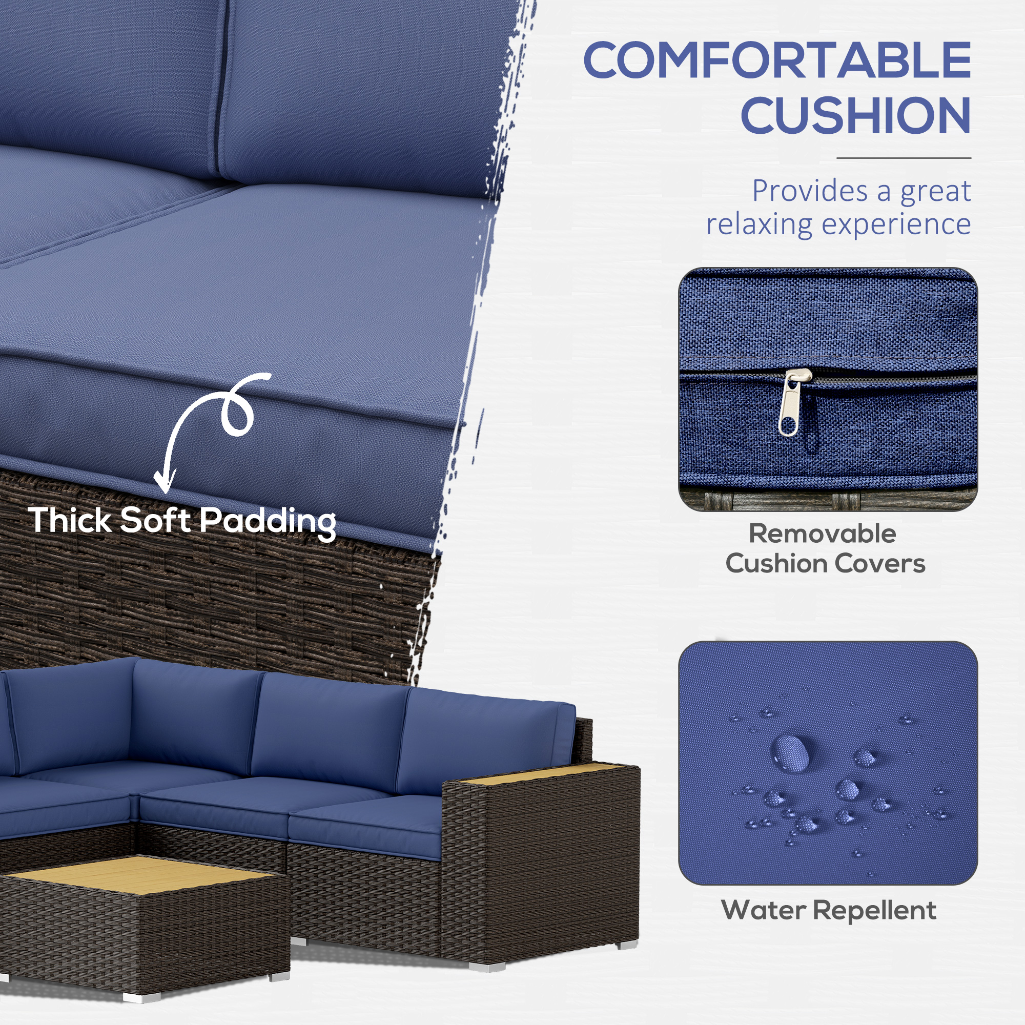 6 Pieces Outdoor Rattan Patio Furniture Set with Corner Sofa, Wood-Plastic Coffee Table, Navy Blue - Image 3