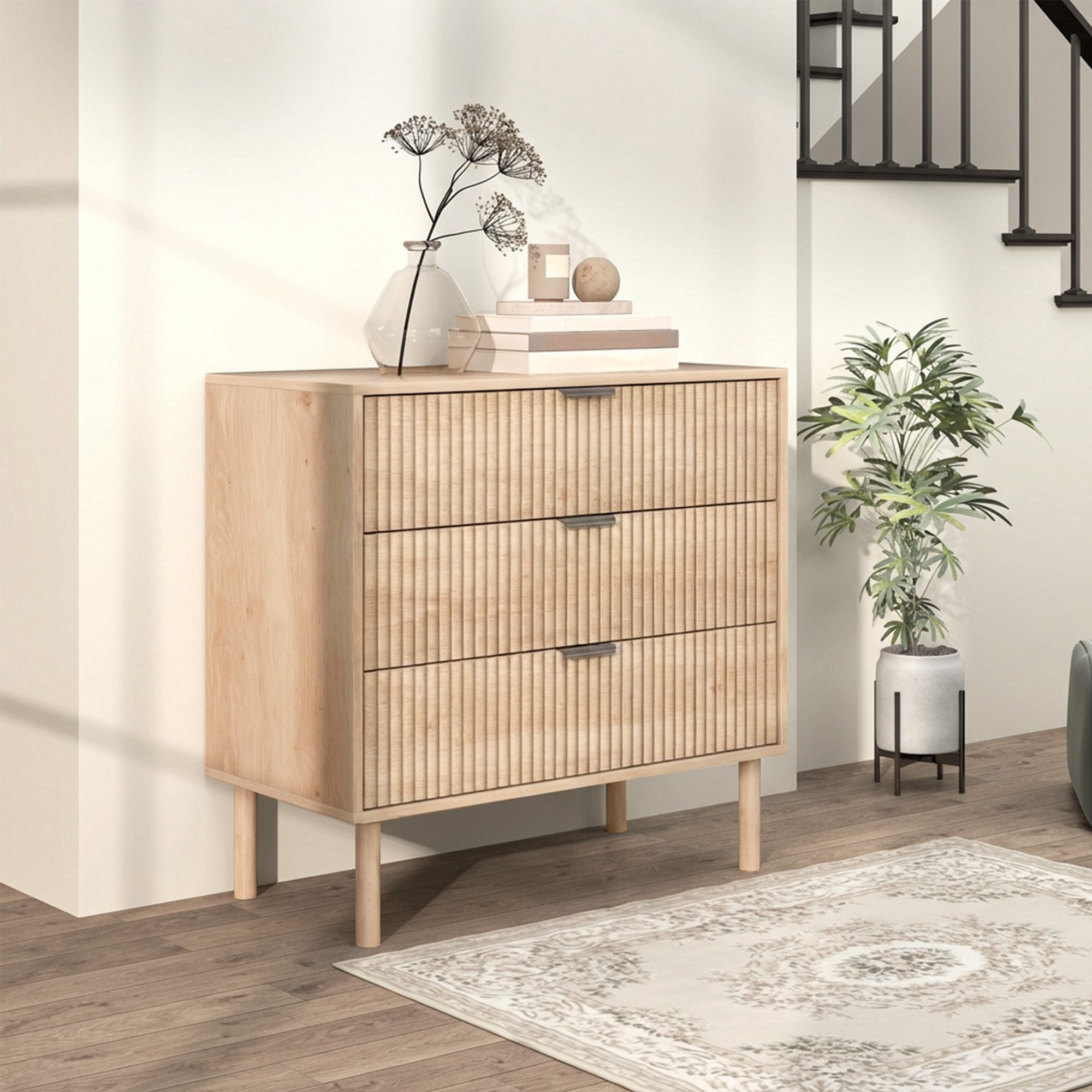 Bedroom Chest of Drawers, 3 Drawer Dresser with Fluted Panels and Solid Wood Legs, Storage Cabinet for Living Room, Oak - Image 6