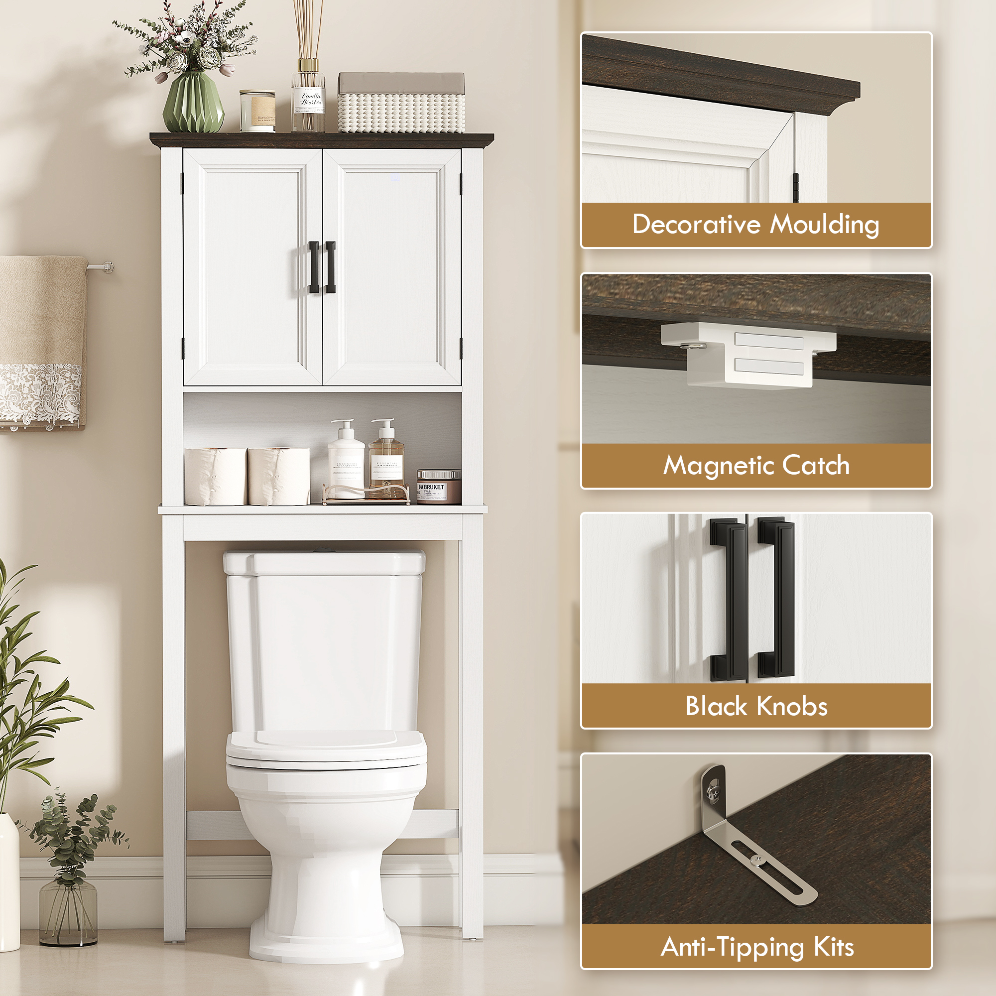 Over The Toilet Storage, Bathroom Cabinet Over Toilet with Open Shelf and Adjustable Bottom Bar, White - Image 5