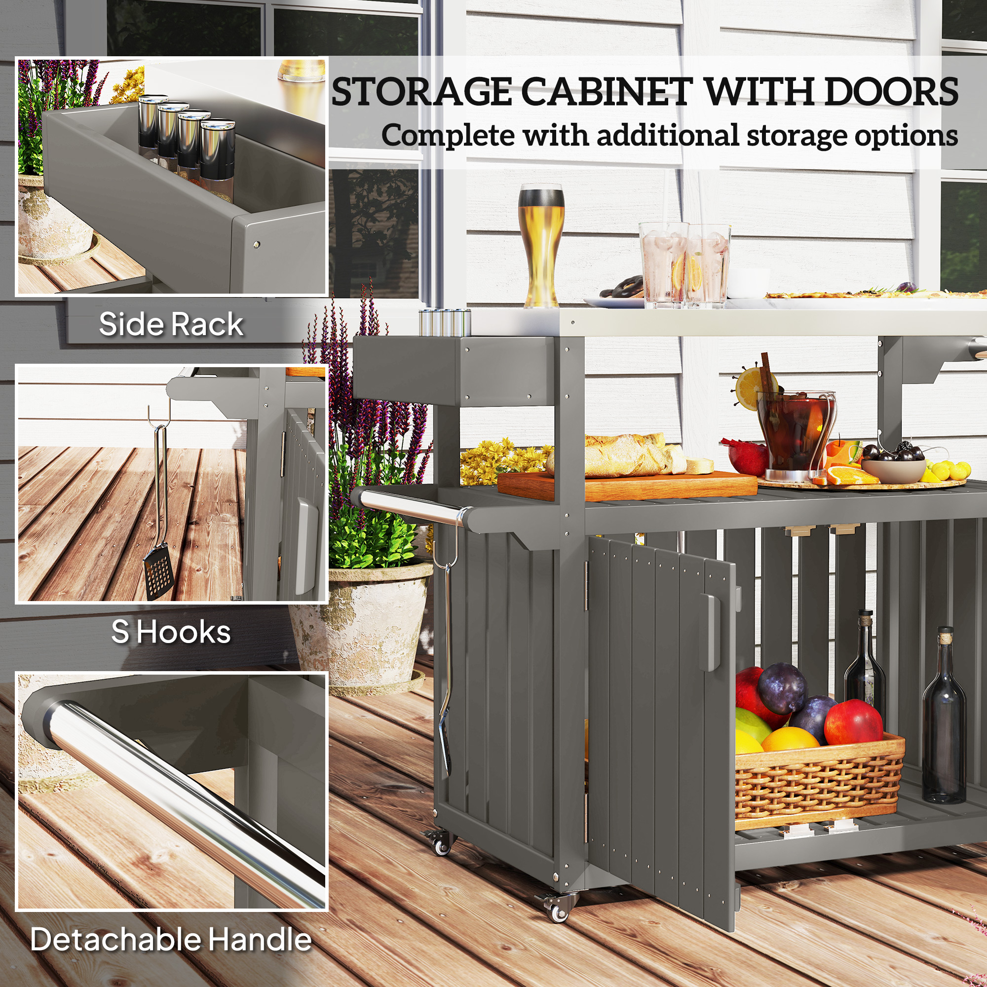 Outdoor Bar Cart with Storage Cabinet, Stainless Steel Outdoor Bar Table Top, Wheeled HDPE Kitchen Island for Food Prep - Image 4