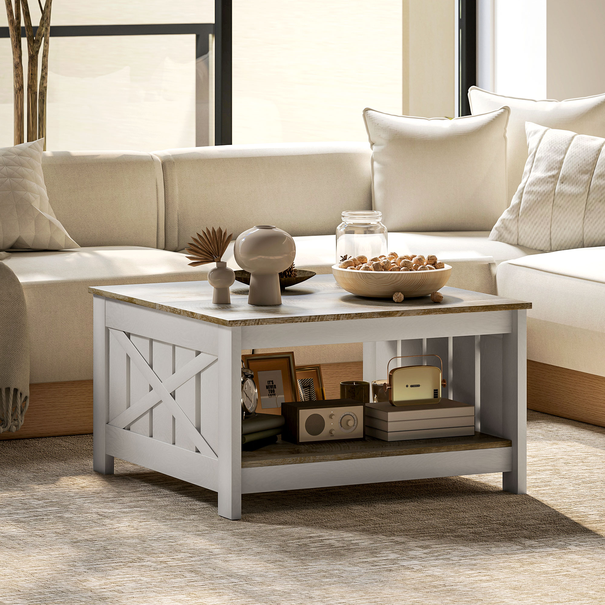 31.5" Square Coffee Table, Farmhouse 2-Tier Center Table for Living Room, Distressed Oak and Brown - Image 6