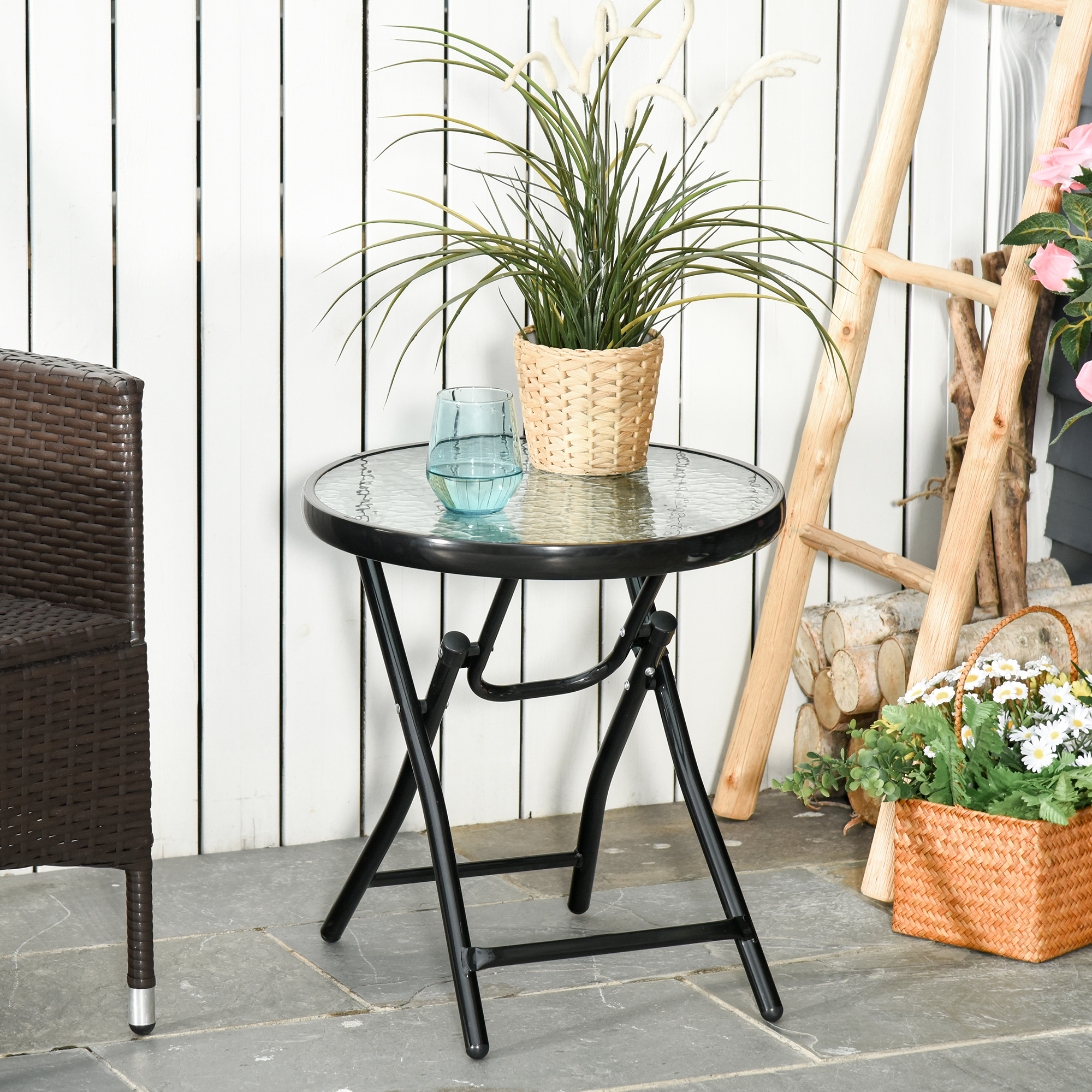 Φ18" Round Patio Table, Folding Coffee Table with Tempered Glass Tabletop for Patio, Balcony, Backyard - Image 6