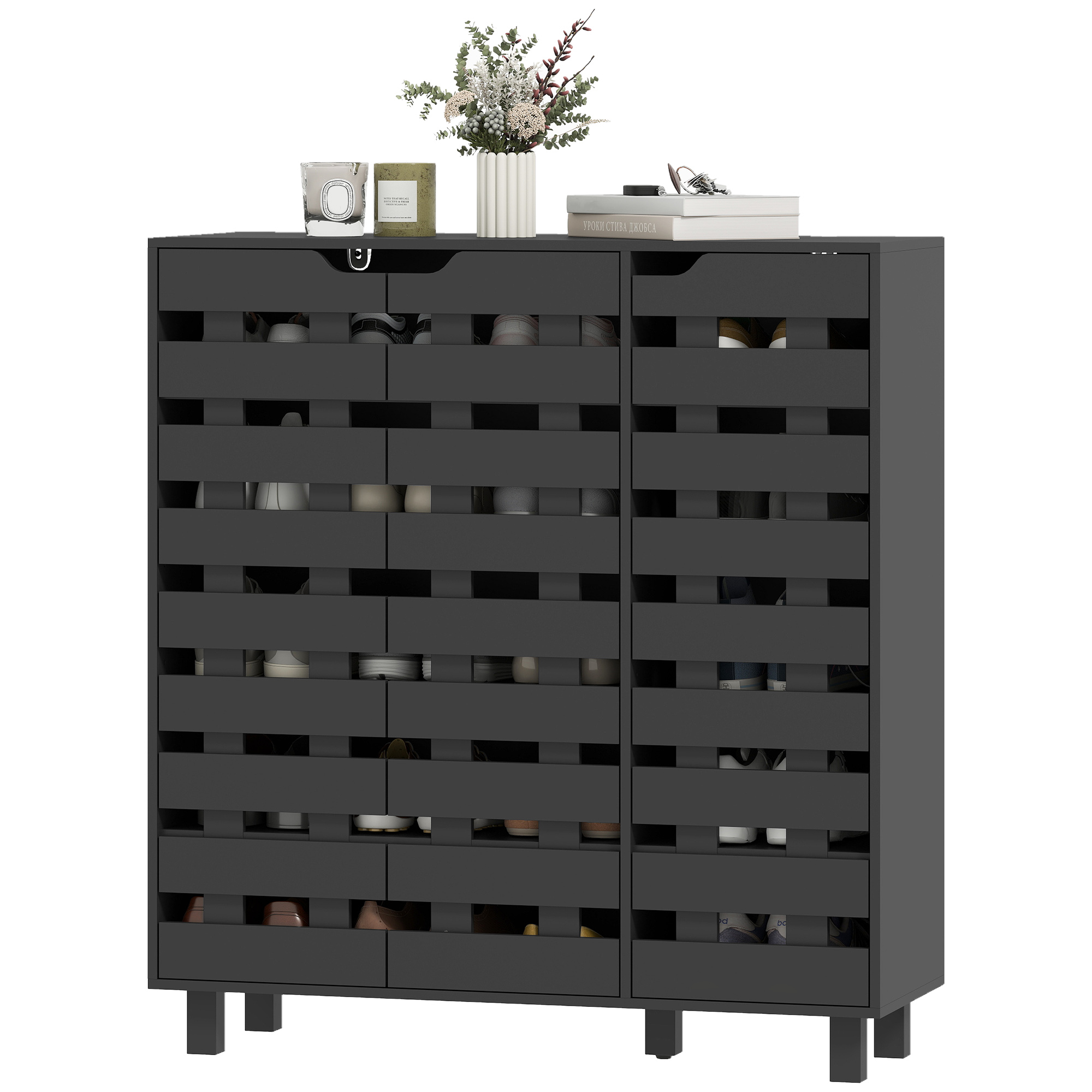 Shoe Cabinet, 20 Pair Shoe Storage Cabinet with Hollowed-Out Doors, Black