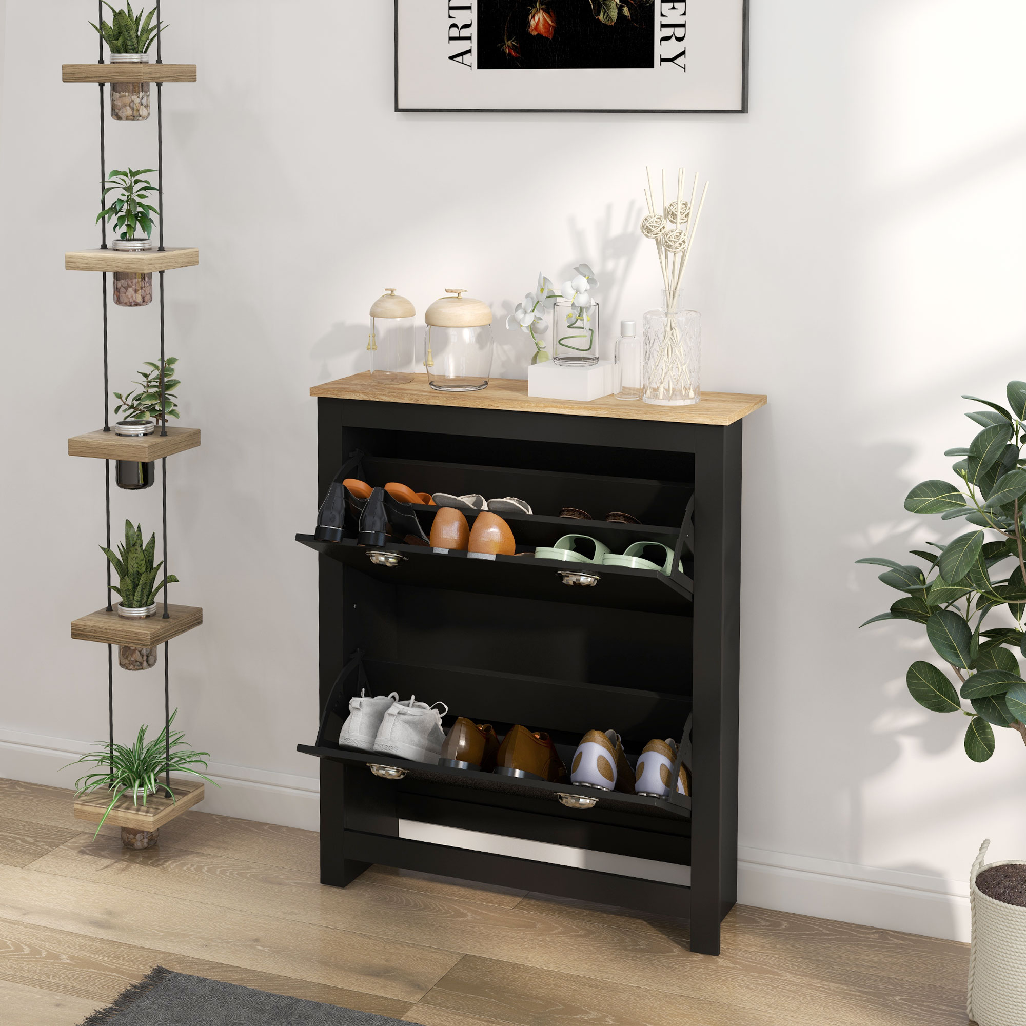 Small Shoe Cabinet with 2 Flip Drawers and Adjustable Shelves, 12 Pair Shoe Storage Organizer for Hallway, Black - Image 6