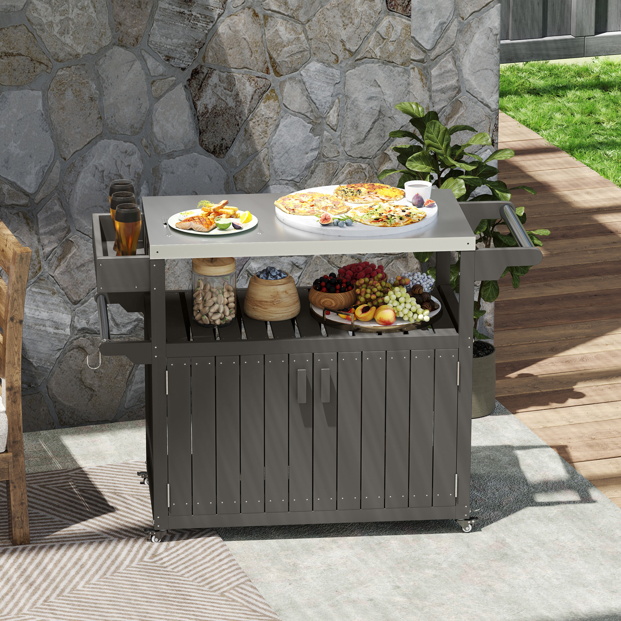 Outdoor Bar Cart with Storage Cabinet, Stainless Steel Outdoor Bar Table Top, Wheeled HDPE Kitchen Island for Food Prep - Image 6