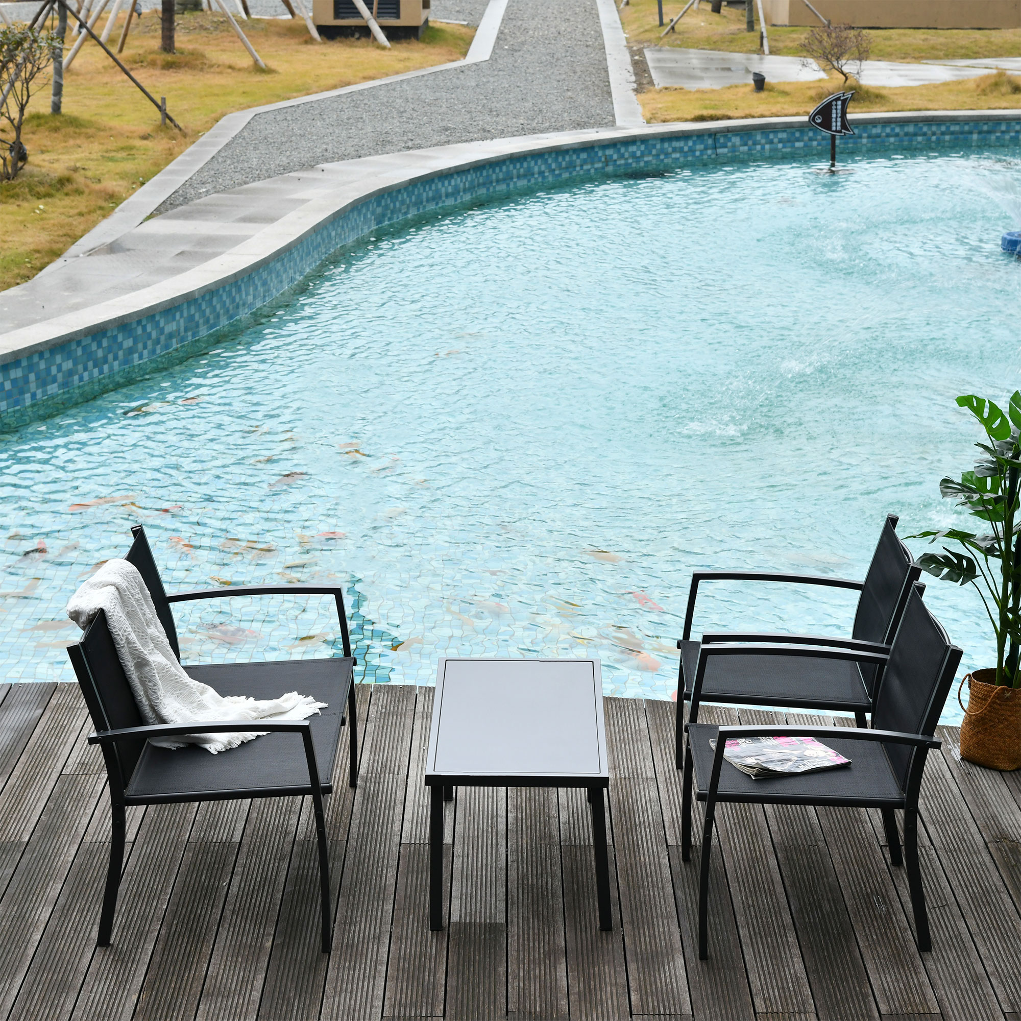 4-Piece Patio Furniture Set with Glass Top Coffee Table, Breathable Mesh Seat & Backrest for Garden, Balcony, Black - Image 6