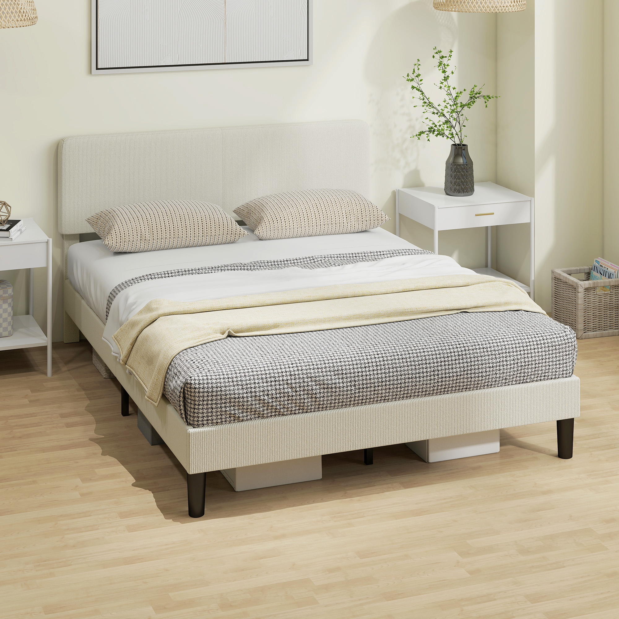 Queen Size Bed Frame with Adjustable Upholstered Headboard Platform Bed Frame Wood Slat Support Noise Free Light Grey - Image 6