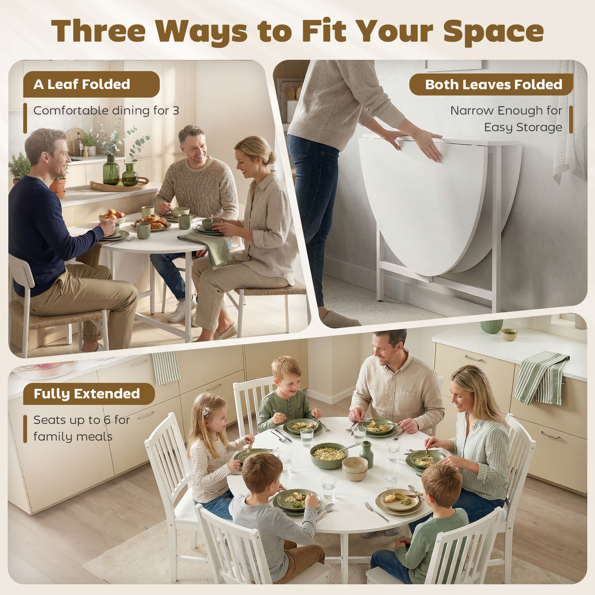 Folding Dining Table for 3-6 People, 47" Round Drop Leaf Kitchen Table with Steel Frame, White - Image 2