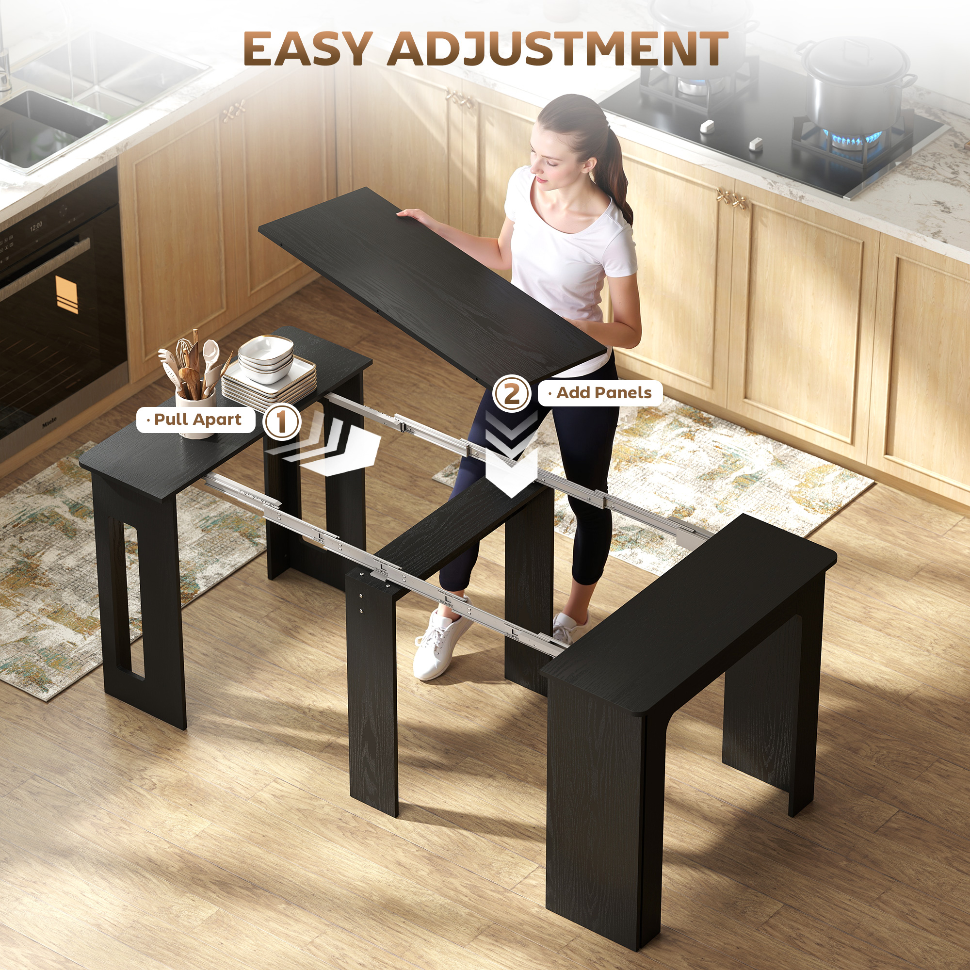 Extendable Dining Table, Expandable Kitchen Table for Small Spaces, Seats up to 6 People, Distressed Black - Image 3