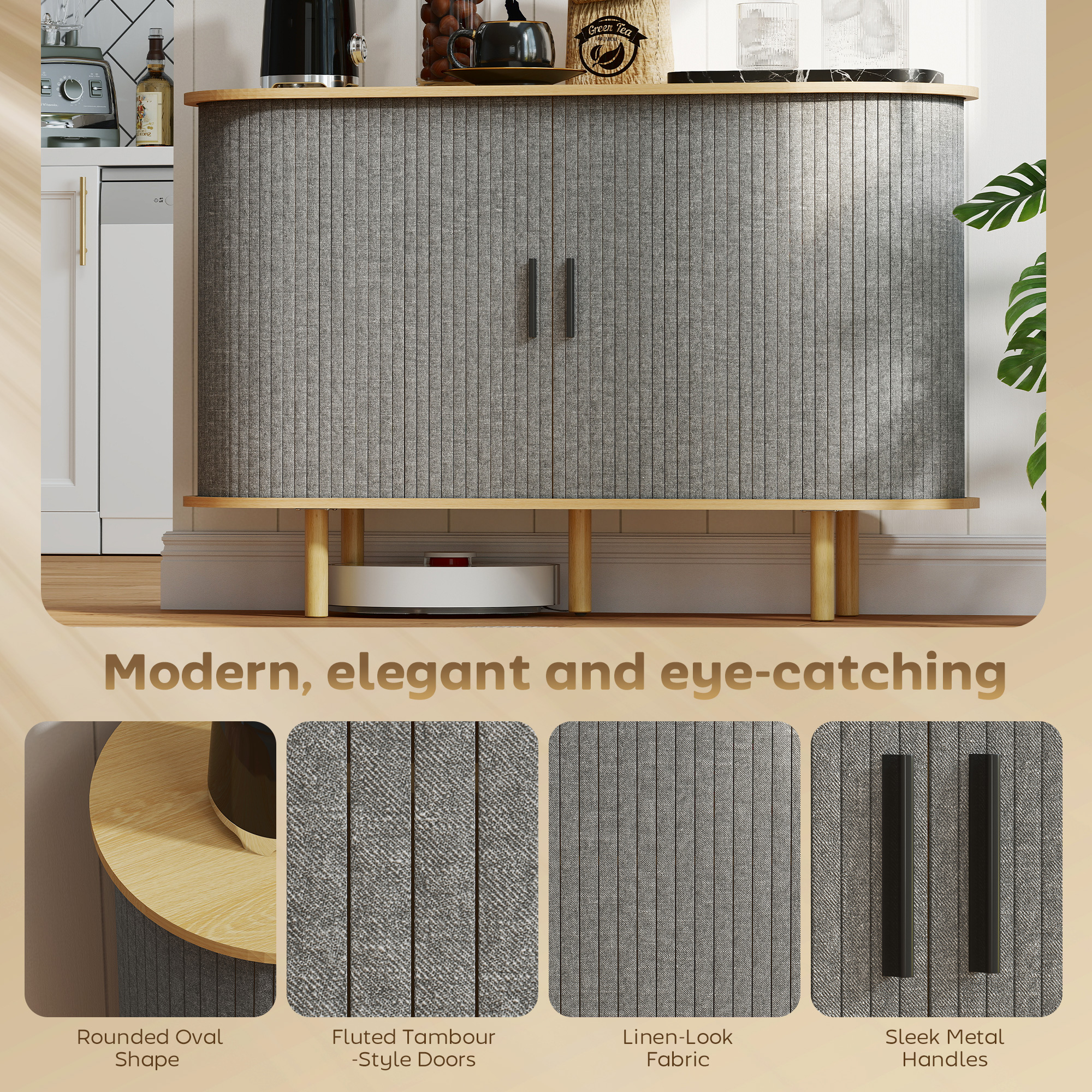 47" Buffet Cabinet with Tambour Sliding Doors, Fluted Sideboard with Storage Shelves and Wooden Legs, Grey - Image 2