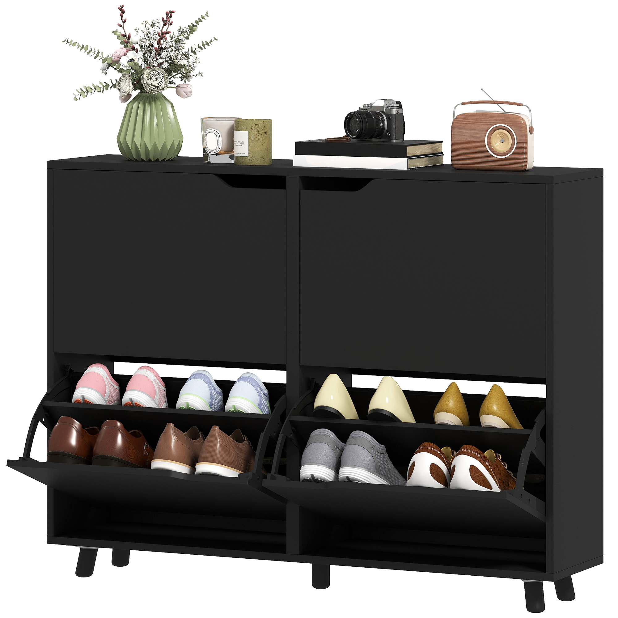 Narrow Shoe Cabinet, Shoe Storage Cabinet with 4 Flip Drawers and Adjustable Shelves for 16 Pairs of Shoes, Black
