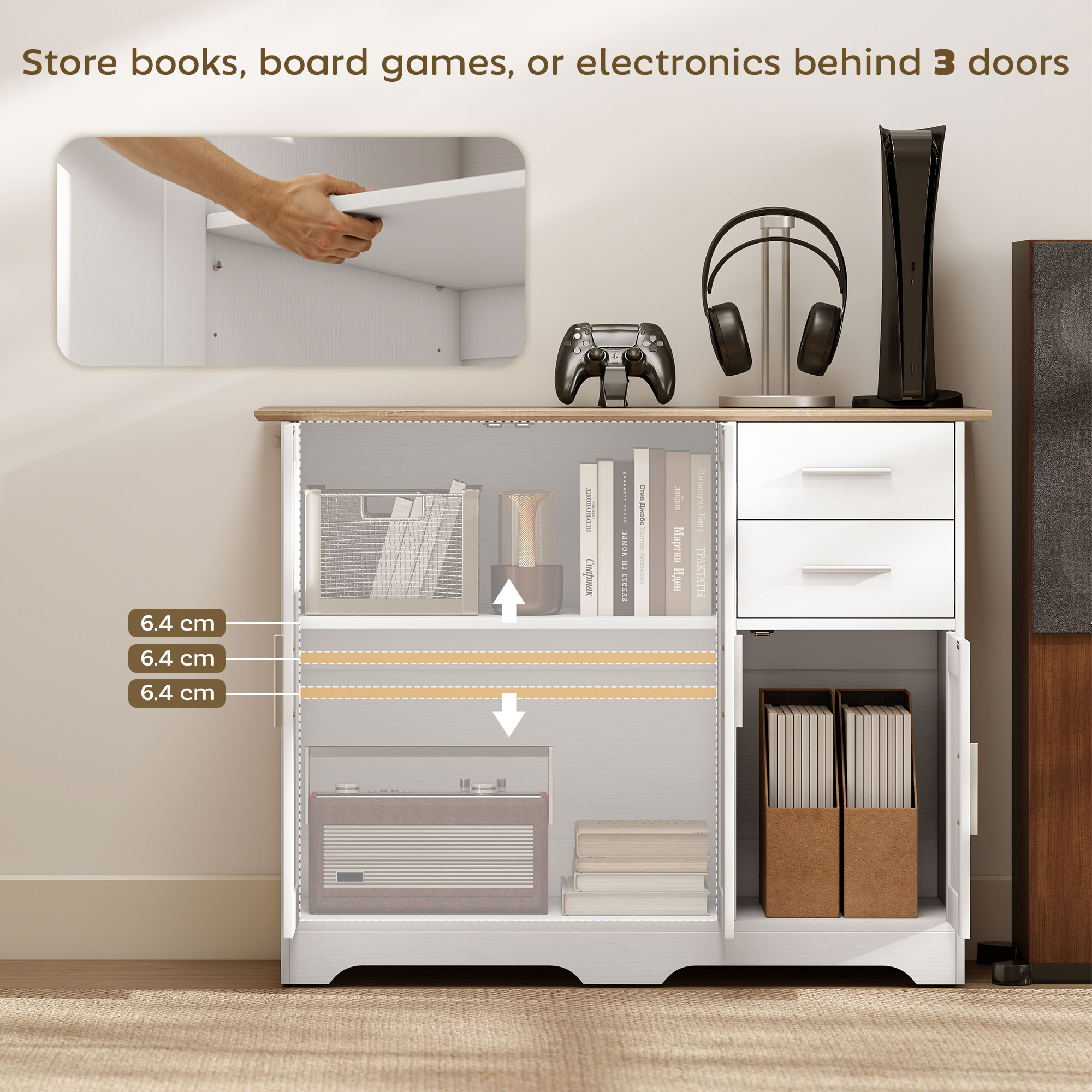 40" Sideboard Buffet Cabinet, Modern Kitchen Storage Cabinet with 2 Drawers, 3 Doors & Adjustable Shelf, White - Image 2