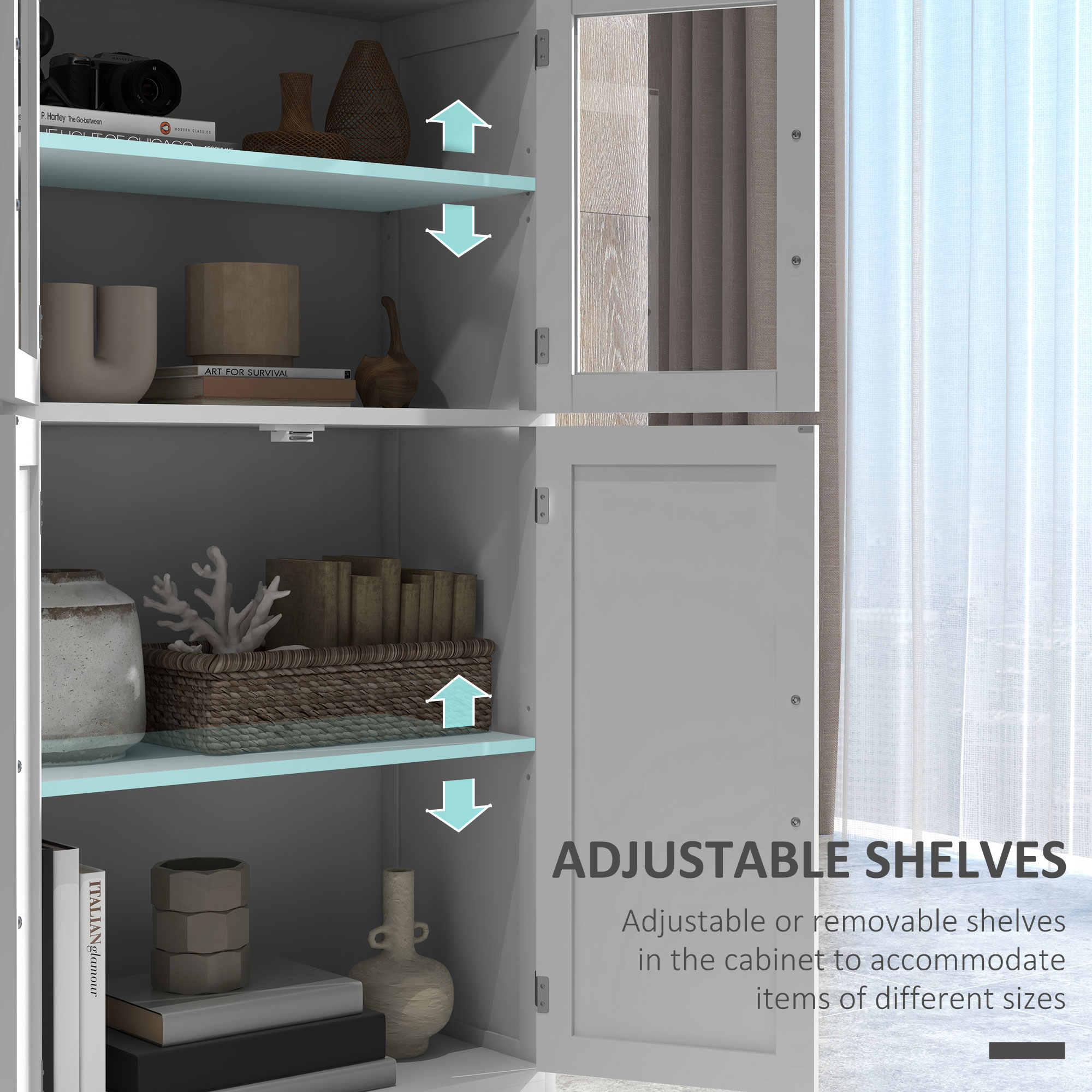 Modern Sideboard Cabinet, Freestanding Sideboards and Buffets with Glass Doors, 4-tier Shelving and Adjustable Shelves - Image 3
