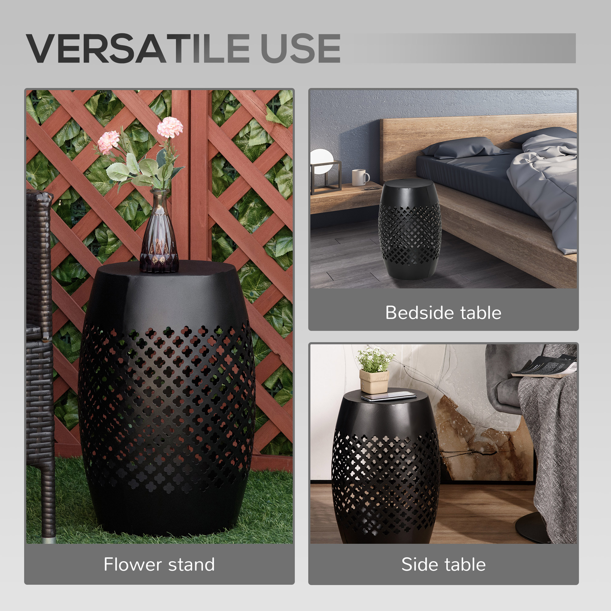 12" Steel Patio End Table, Round Hollow Drum Side Table, Accent Table for Indoor and Outdoor, Black - Image 3