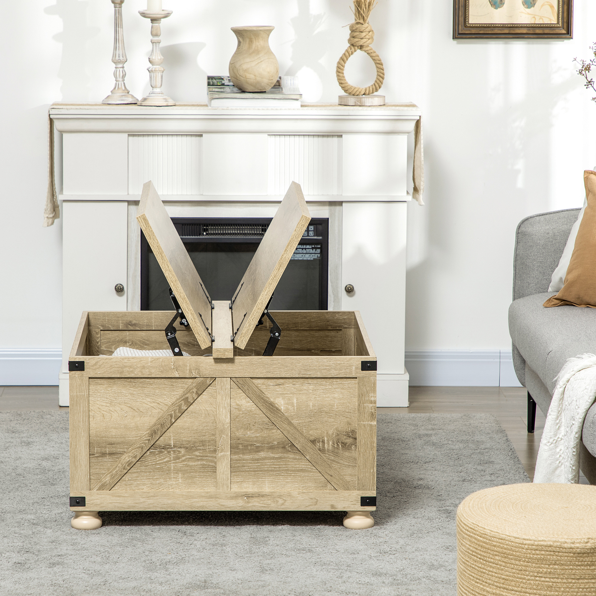 Farmhouse Coffee Table, Square Center Table with Flip-top Lids, Hidden Storage Compartment and Wooden Legs, Oak - Image 5