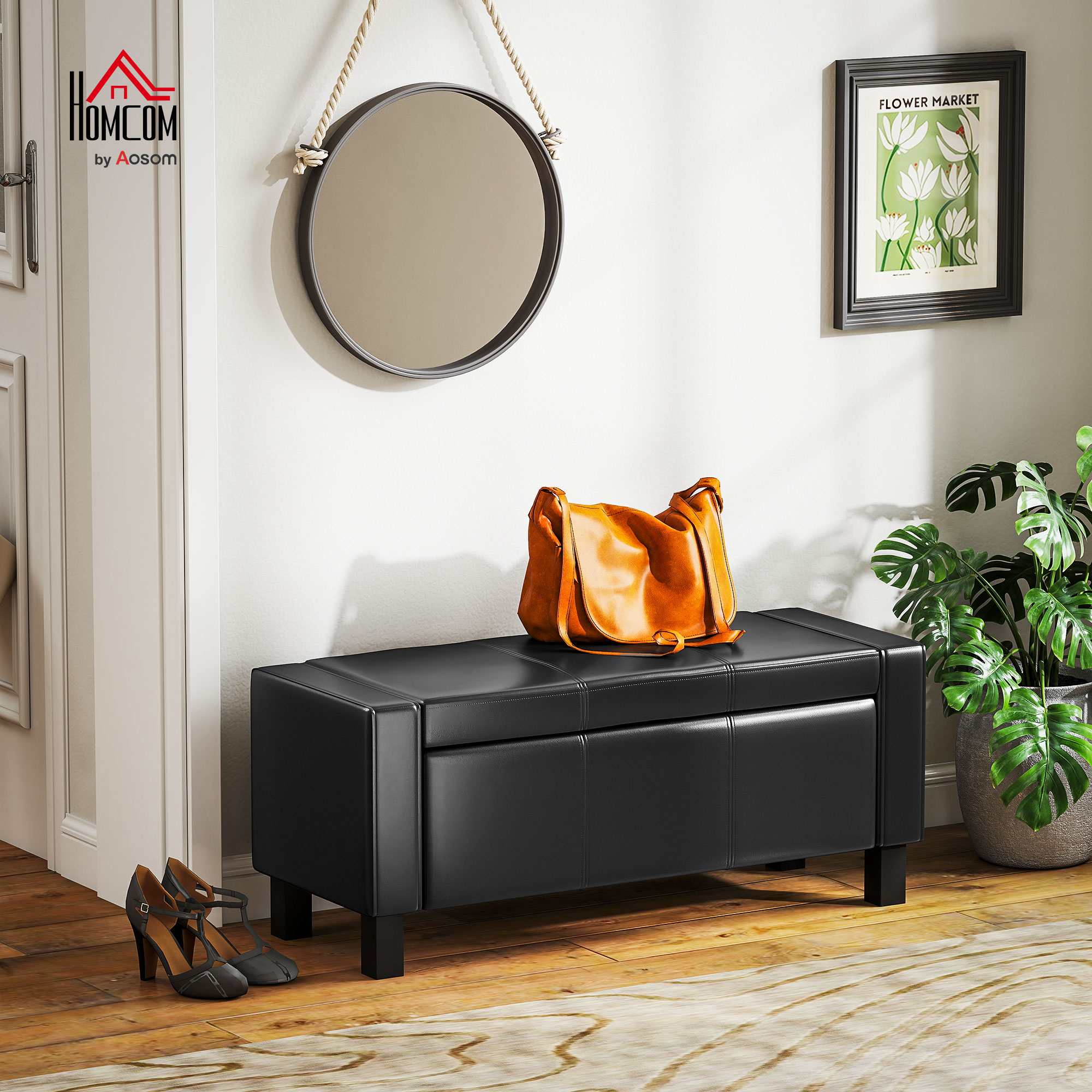 42" Deluxe Faux Leather Padded Storage Ottoman Bench Foot Stool Seat Chair with Organizer, Black - Image 6