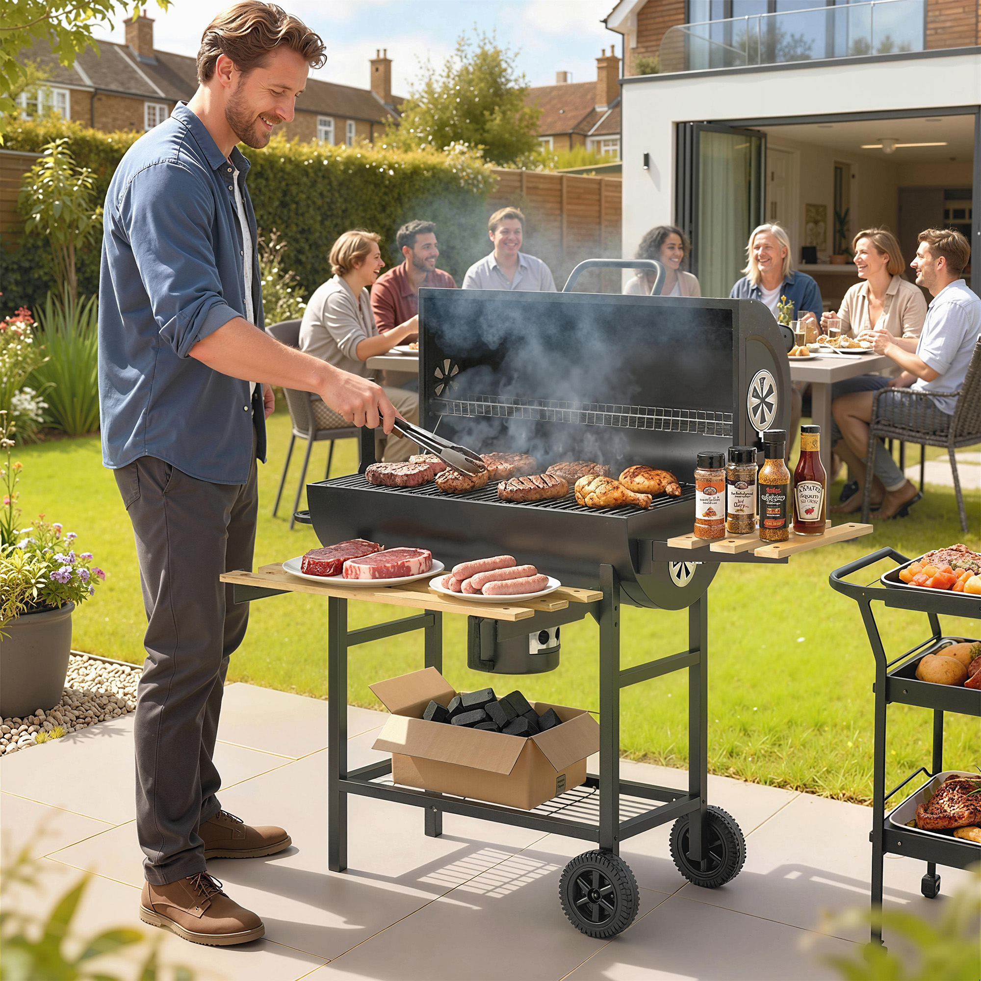 Charcoal BBQ Grill with Foldable Shelves, Barbecue Grill with Warming Rack, Thermometer, Wheels, Natural Wood and Black - Image 6