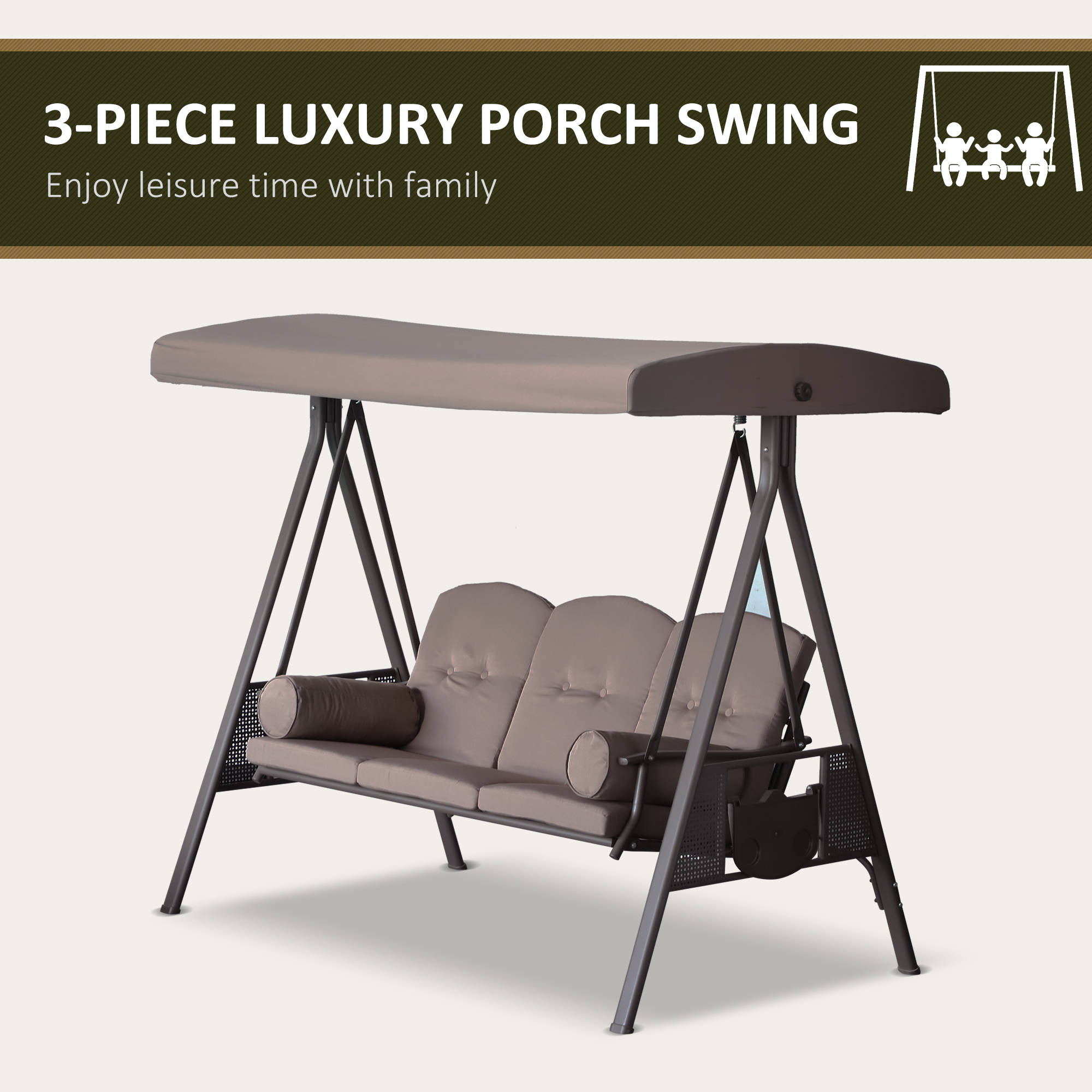 3 Seater Porch Swing Heavy Duty Outdoor Swing Chair Outdoor Lounge Hammock Cushioned Seat W/ Tilt Canopy, Brown - Image 5