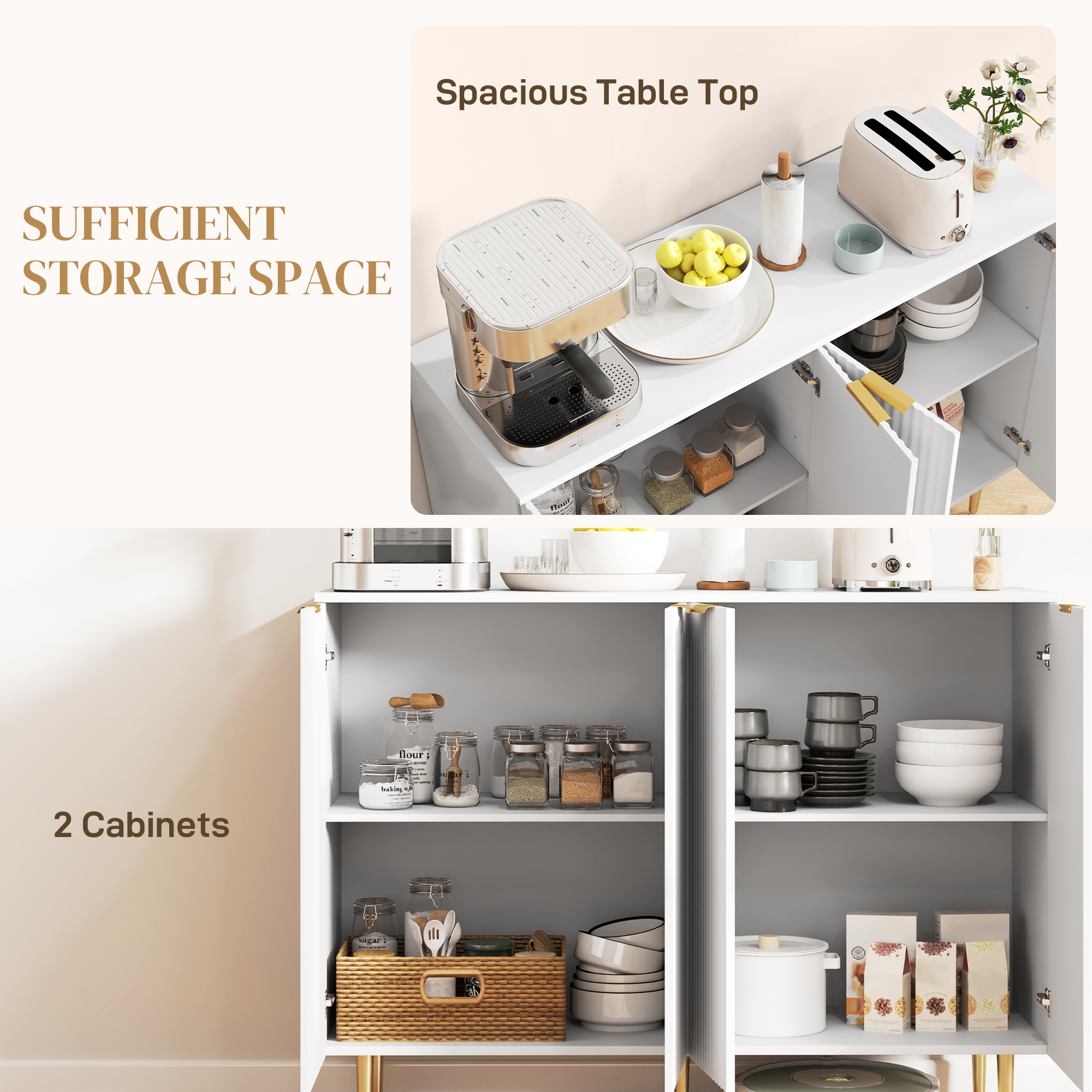 Modern Kitchen Storage Cabinet, Sideboard Buffet Cabinet with Adjustable Shelves for Kitchen Hallway, White - Image 2