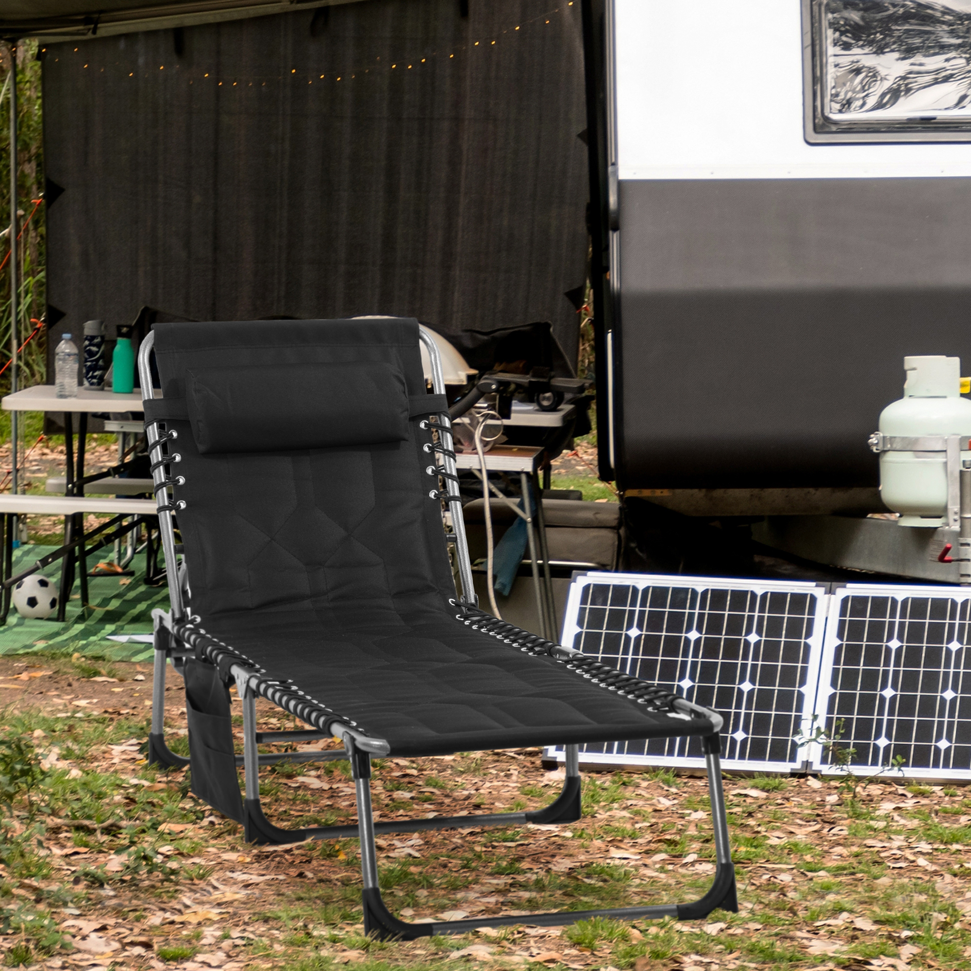 Folding Chaise Lounge Chair, Outdoor Padded Reclining Chair with 5-position Adjustable Backrest, Pillow and Pocket for Patio, Deck, Beach, Lawn and Sunbathing, Black - Image 6