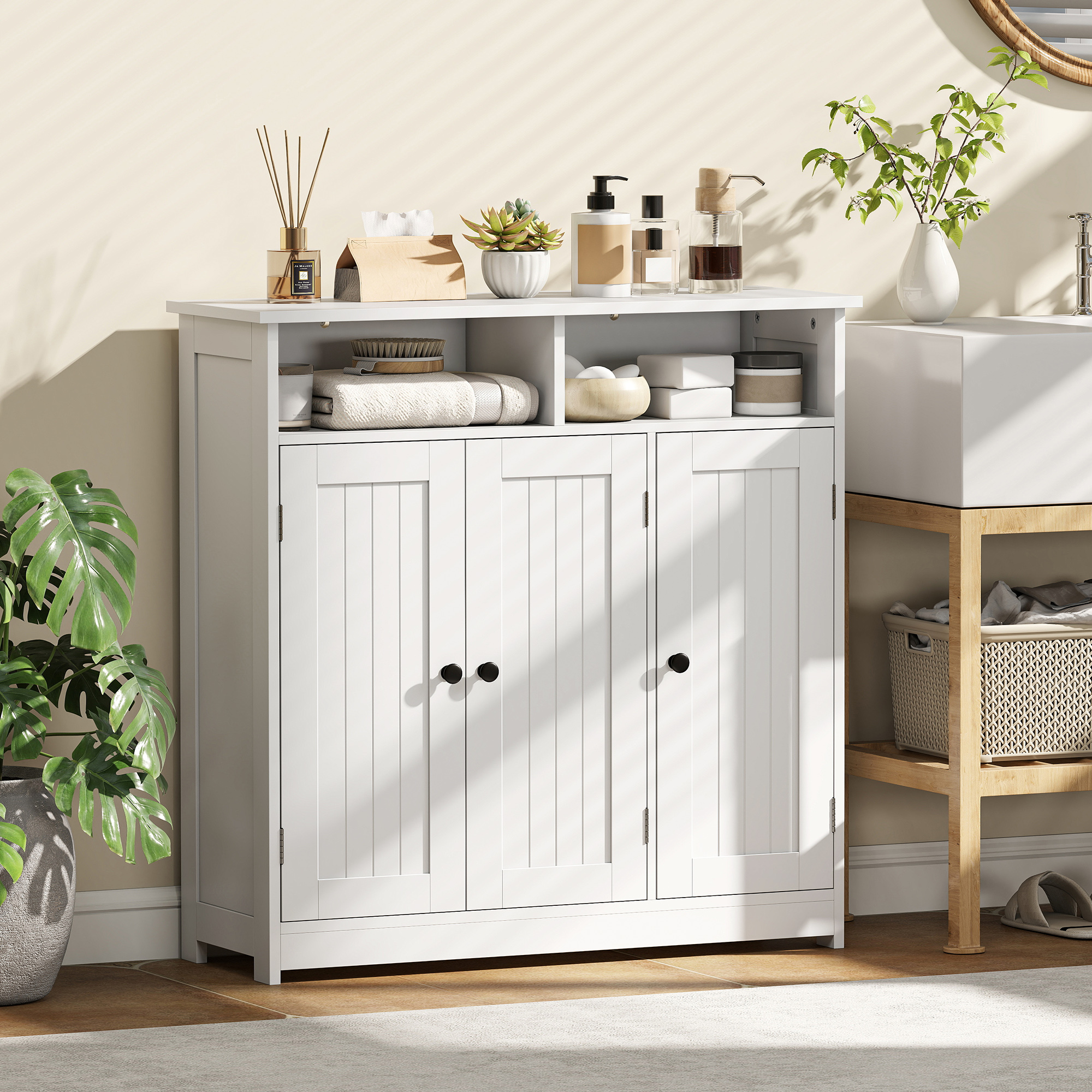 Bathroom Floor Cabinet, Freestanding Bathroom Storage Unit with 3 Doors, 2 Open Shelves and Adjustable Shelf, White - Image 6