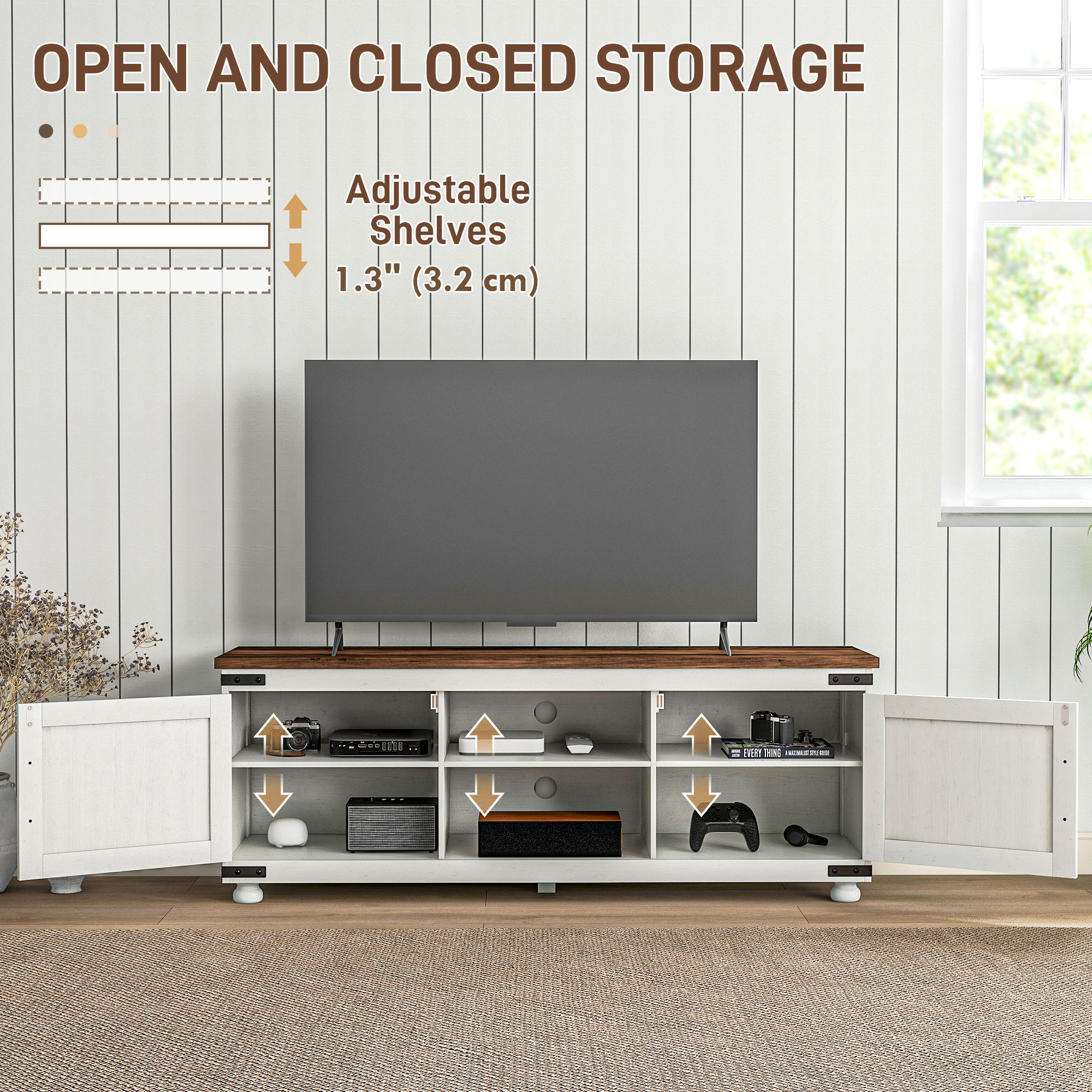Farmhouse TV Stand Small Minimalist Barn Doors Cable Management for 65" TV Small Space Apartment Distressed White - Image 2