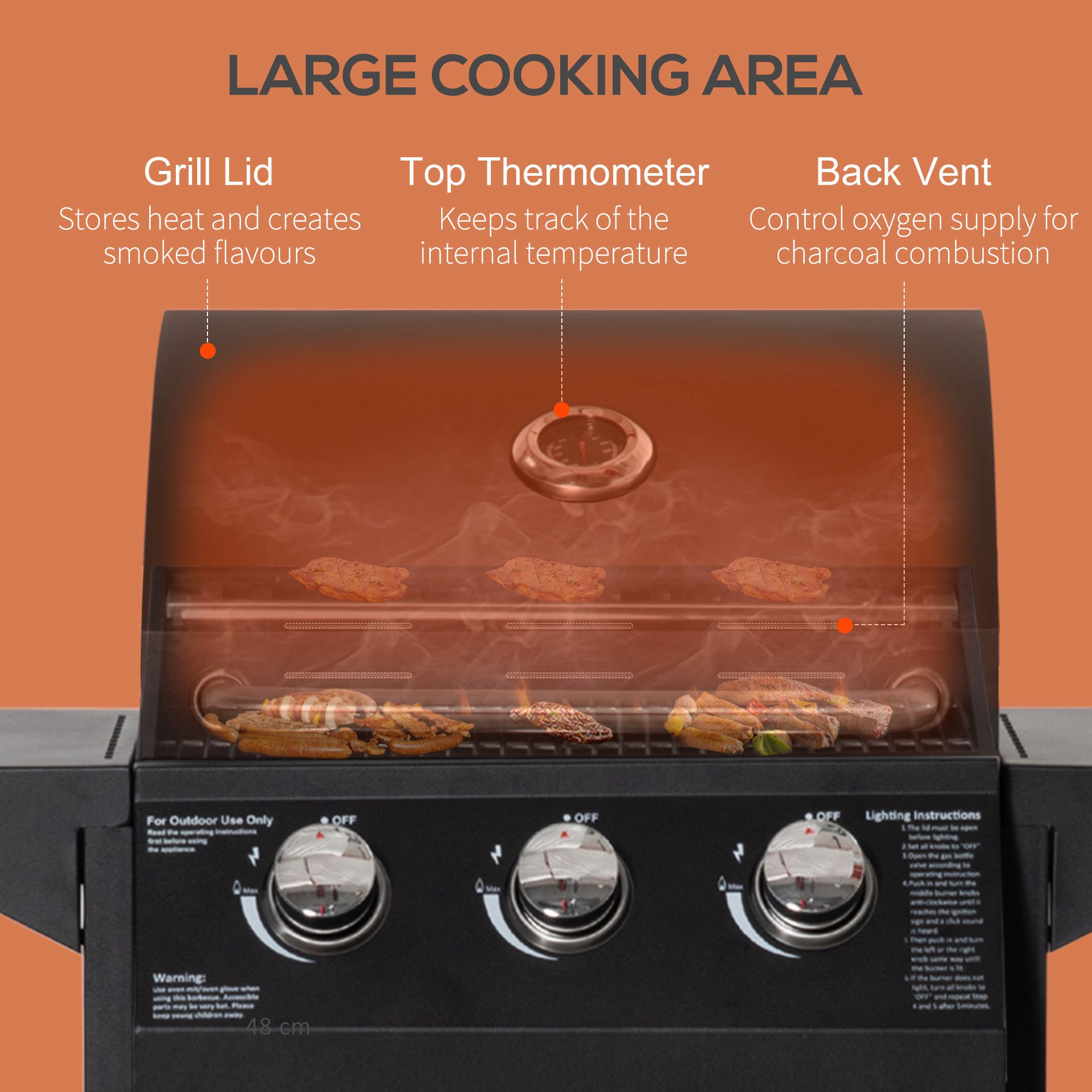 Outdoor 3 Burner Gas Grill Portable Barbecue w/ Wheels, Warming Rack, Shelves, Cabinet, Thermometer, Black - Image 3