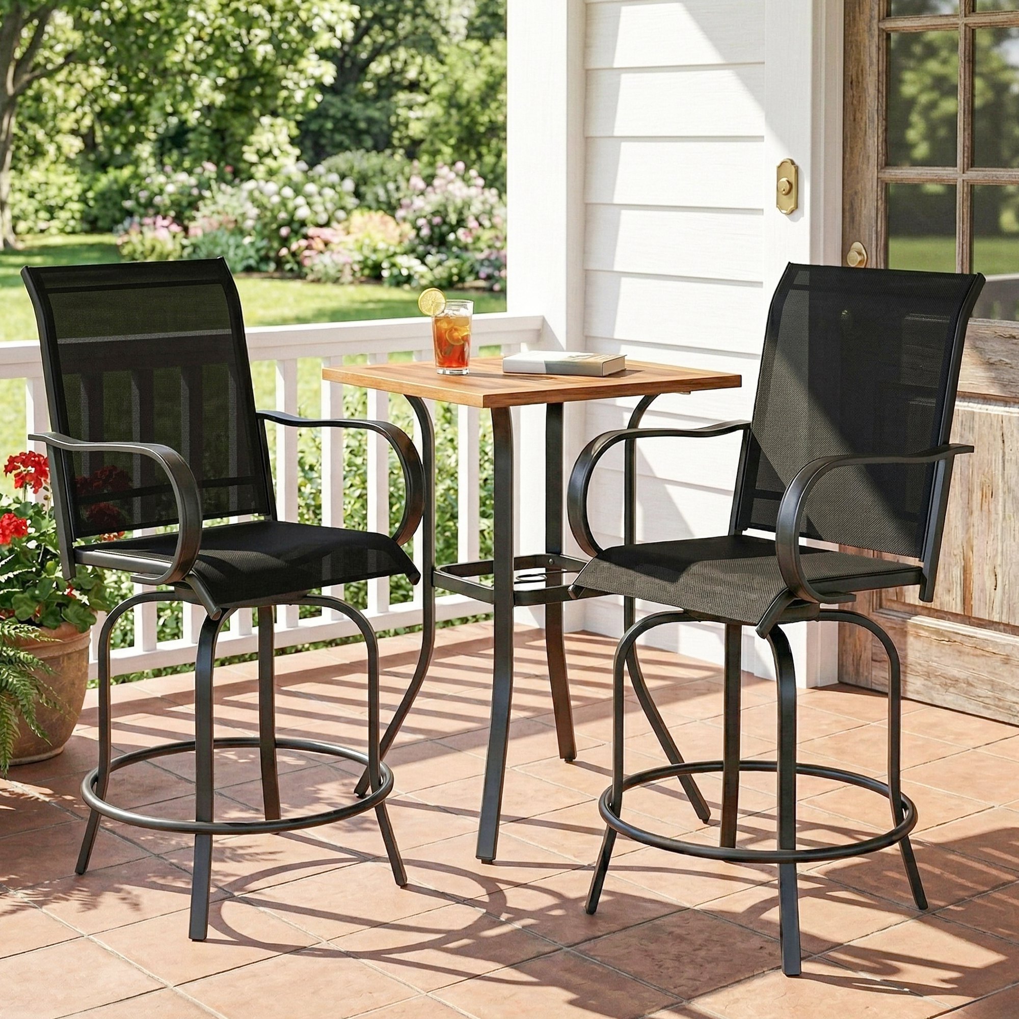 Outdoor Bar Stools Set of 2, 360° Swivel Bar Height Chairs, 26.8" x 29.5" x 48.4", Black - Image 6
