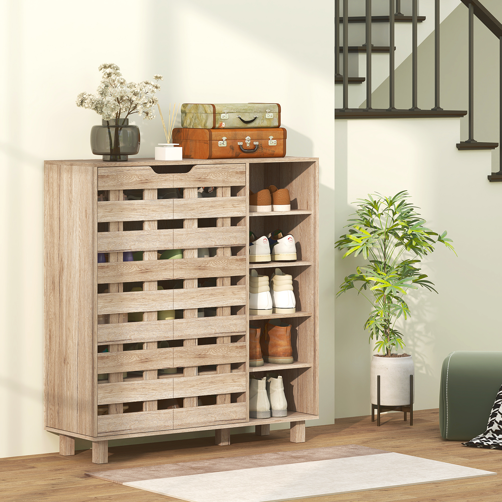 Shoe Cabinet, 21 Pair Shoe Storage Cabinet Organizer with 5-tier Double Door Cabinet and 5-tier Open Shelves, Beige - Image 6