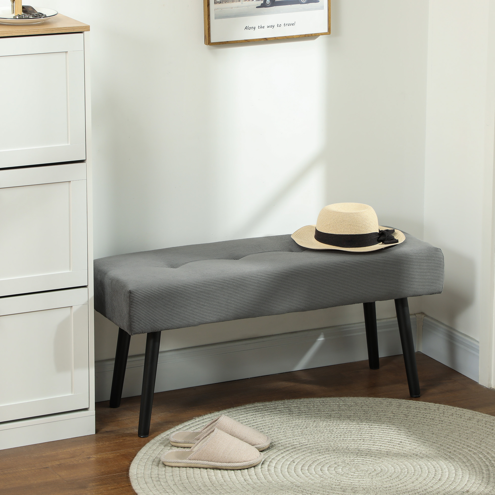 39" Upholstered Ottoman Bench, Corduroy Entryway Bedroom Bench with Padded Seat and Steel Legs for Bedroom, Grey - Image 6