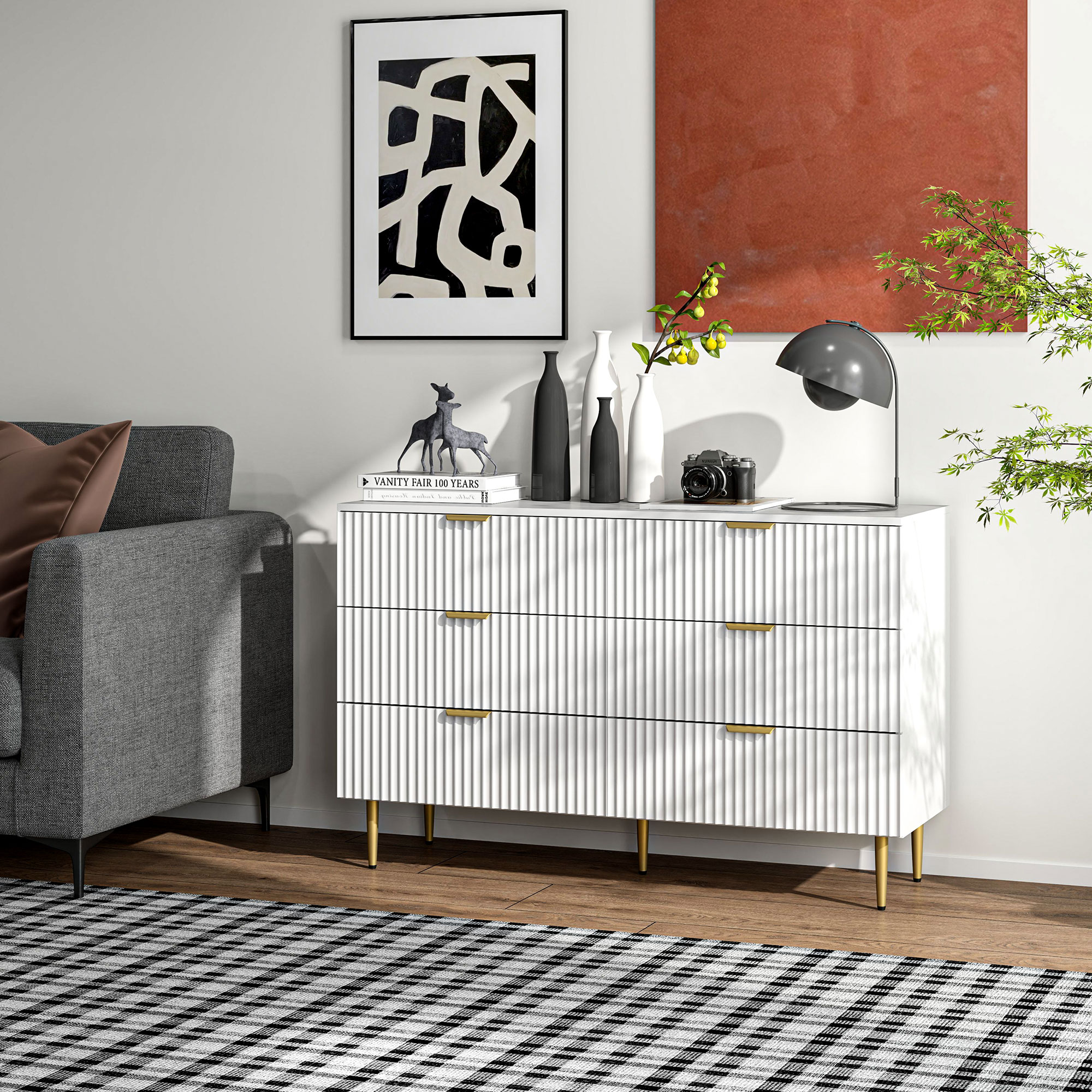 Modern Chest of Drawers 6 Drawer Dresser for Bedroom with Gold Legs and Handles, White - Image 6