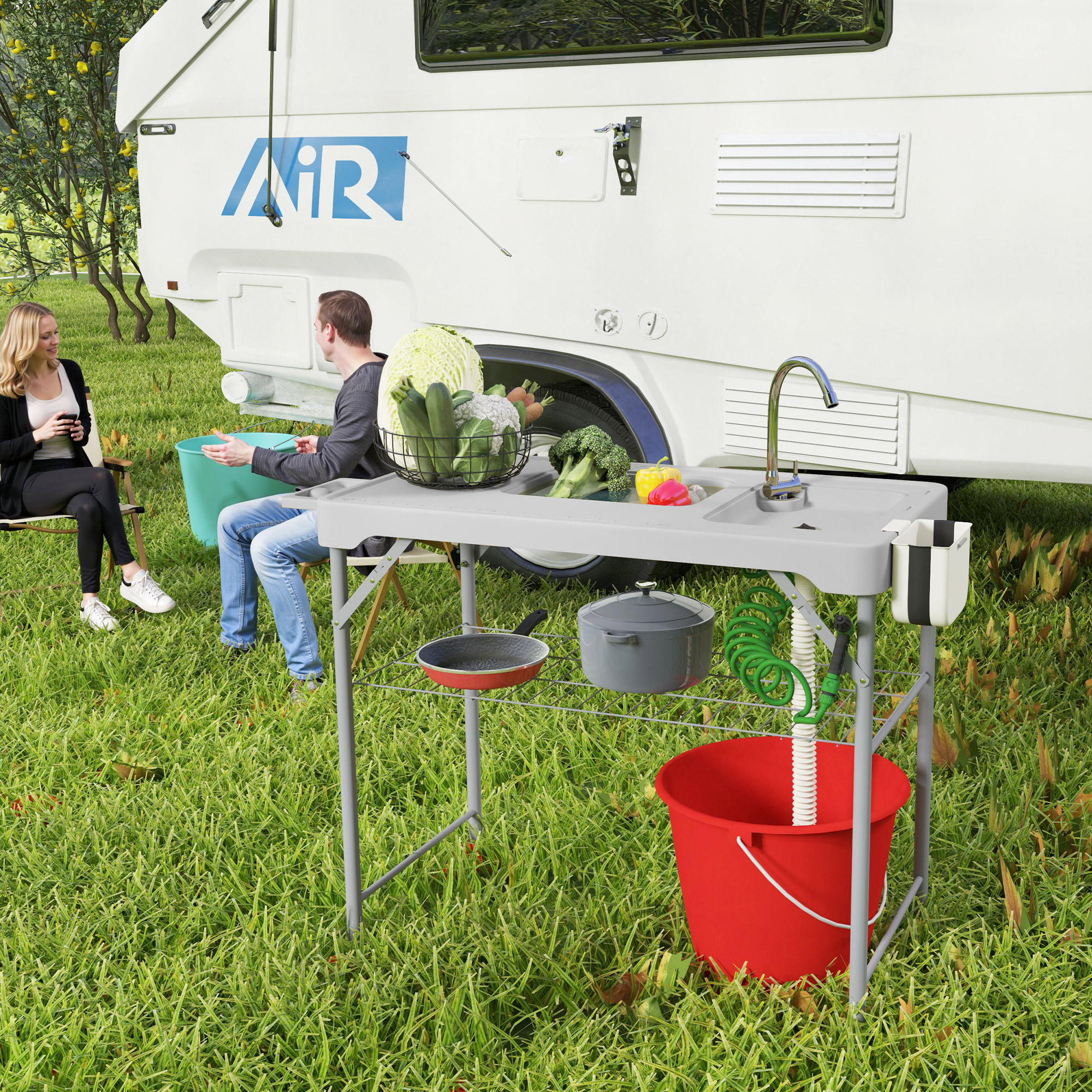 Folding Fish Cleaning Table with Sinks, Camping Sink with Faucet Drainage Hose Sprayer Shelf, Grey - Image 6
