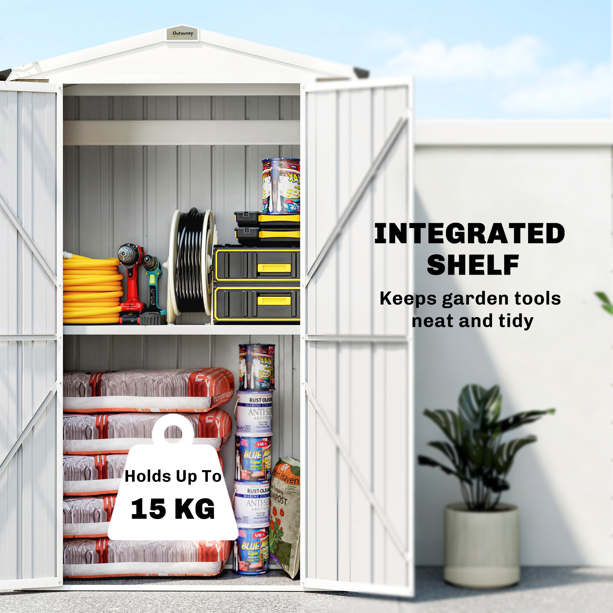 Outdoor Storage Shed Apex Roof Metal Garden Shed with Shelf for Backyard, Light Grey - Image 3