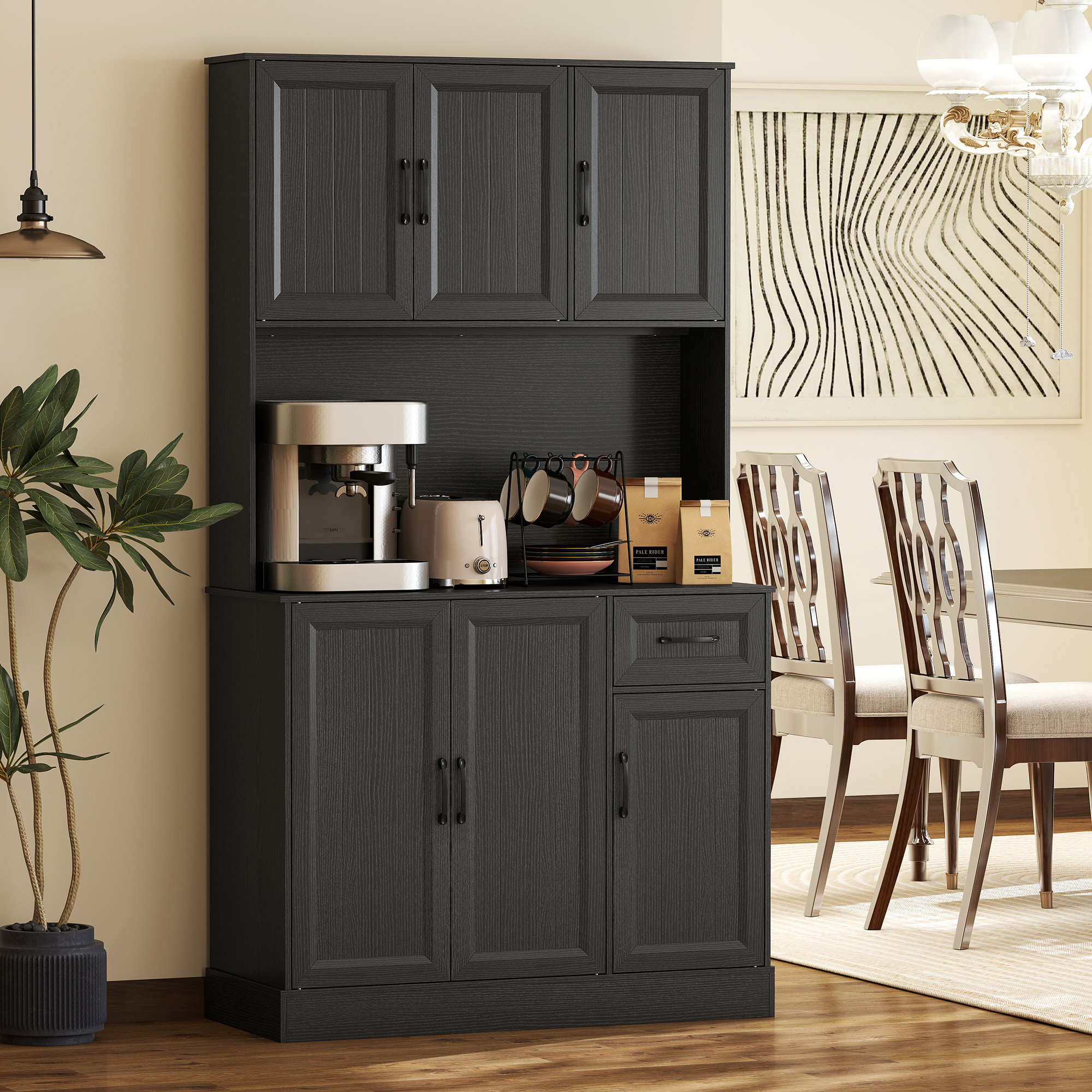 71" Pantry Cabinet with Charging Station, Kitchen Storage Cabinet with Microwave Stand, Adjustable Shelves, Black - Image 6
