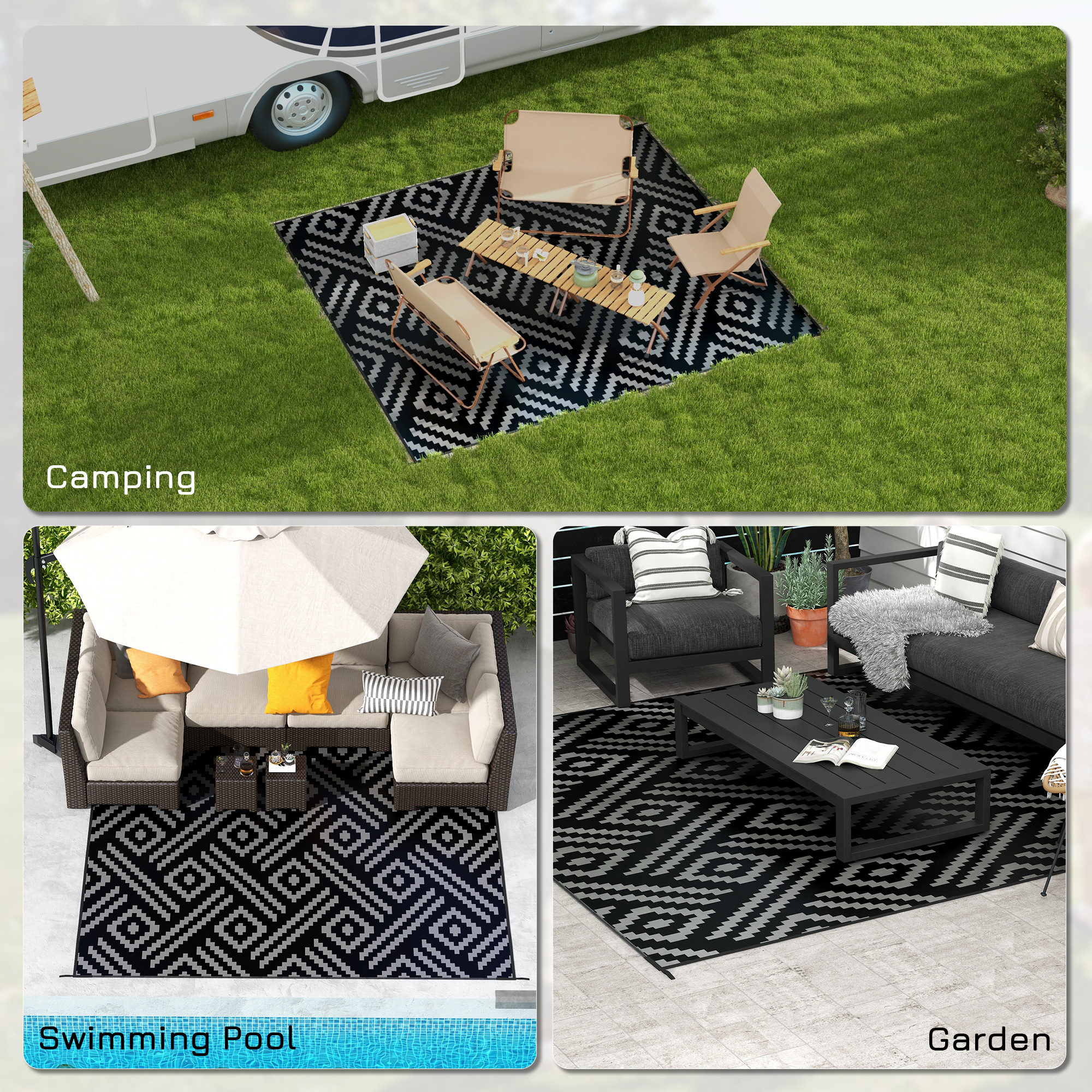 Reversible Outdoor Rug Waterproof Plastic Straw RV Rug with Carry Bag, 8' x 10', Black and Grey Geometric - Image 3